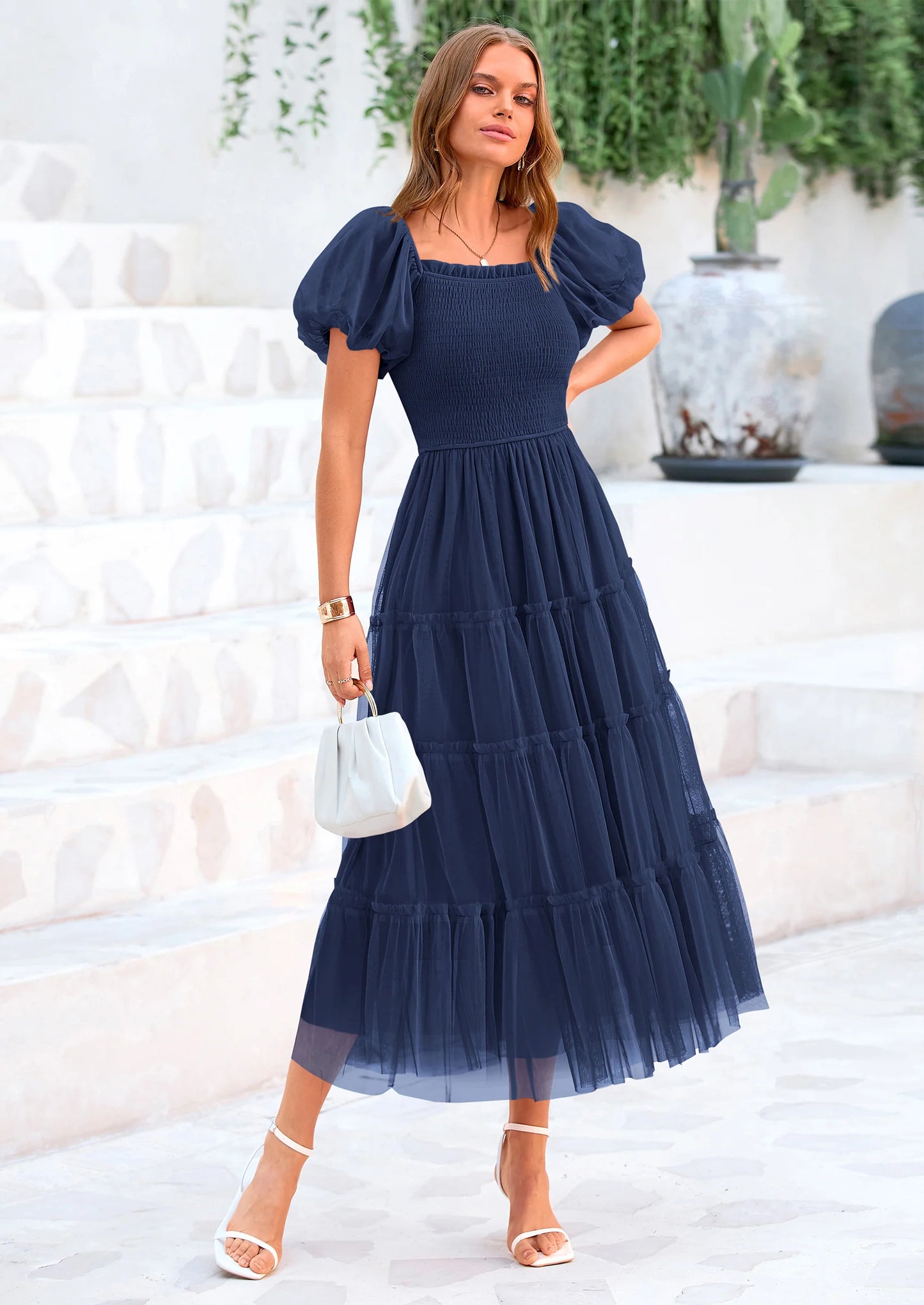 Women's Smocked Tulle Midi Dress Square Neck Puffy Short Sleeve Ruffle Wedding Guest Party Dresses