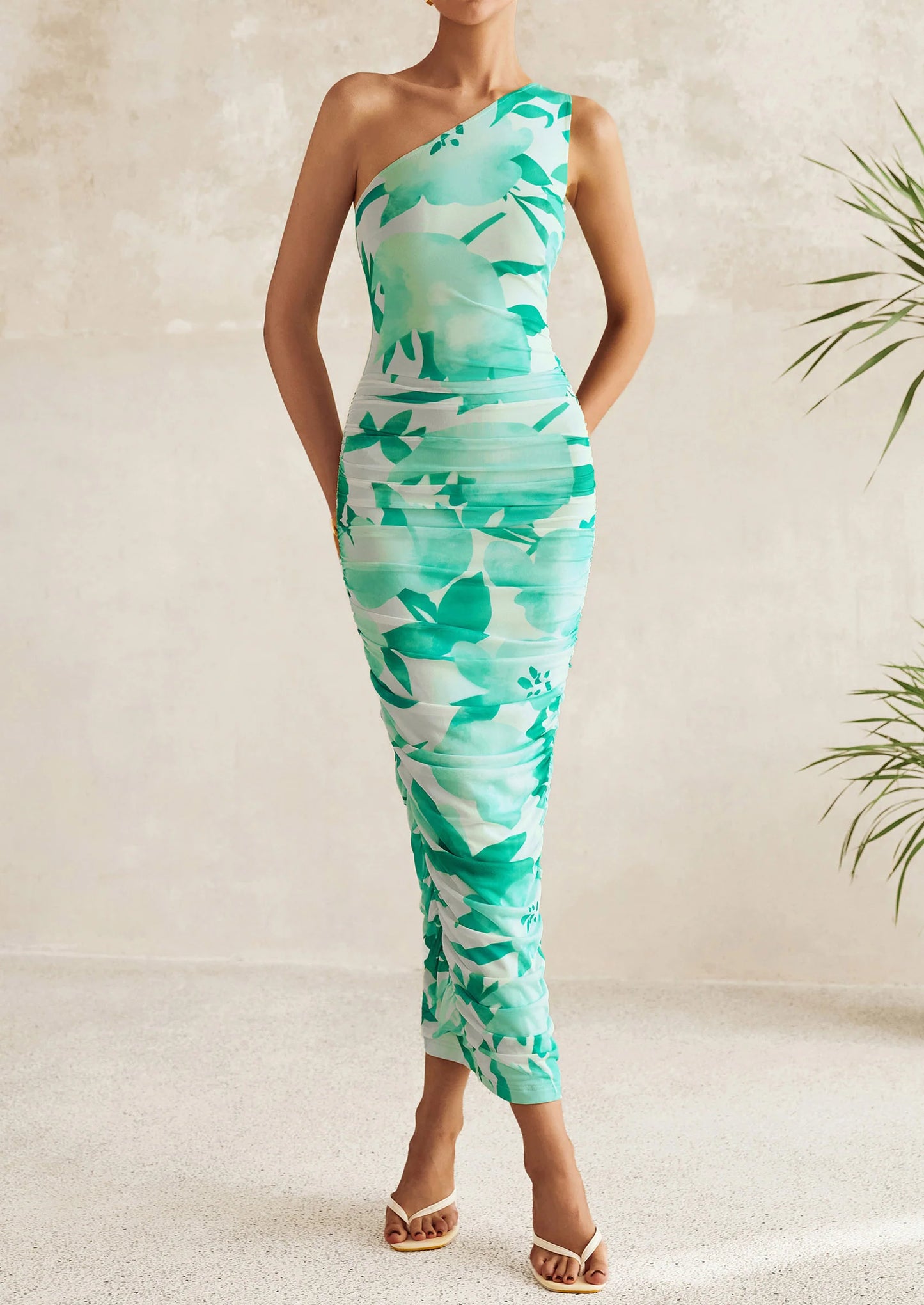 Women's One Shoulder Bodycon Dresses Ruched Floral Beach Cocktail Wedding Guest Dress