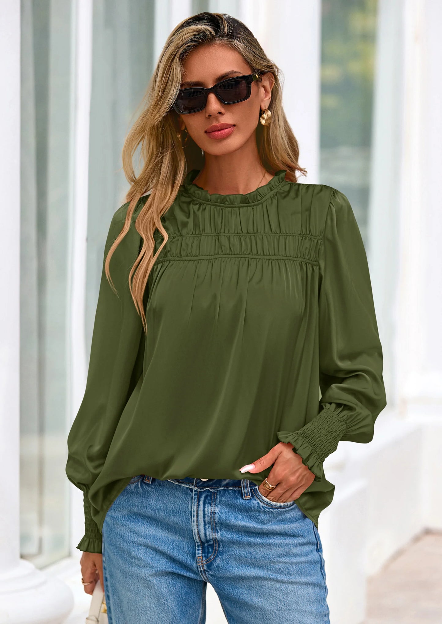 Blouses for Women Dressy Casual Fall Outfits Frill Neck Long Sleeve Shirts Satin Work Business Casual Tops
