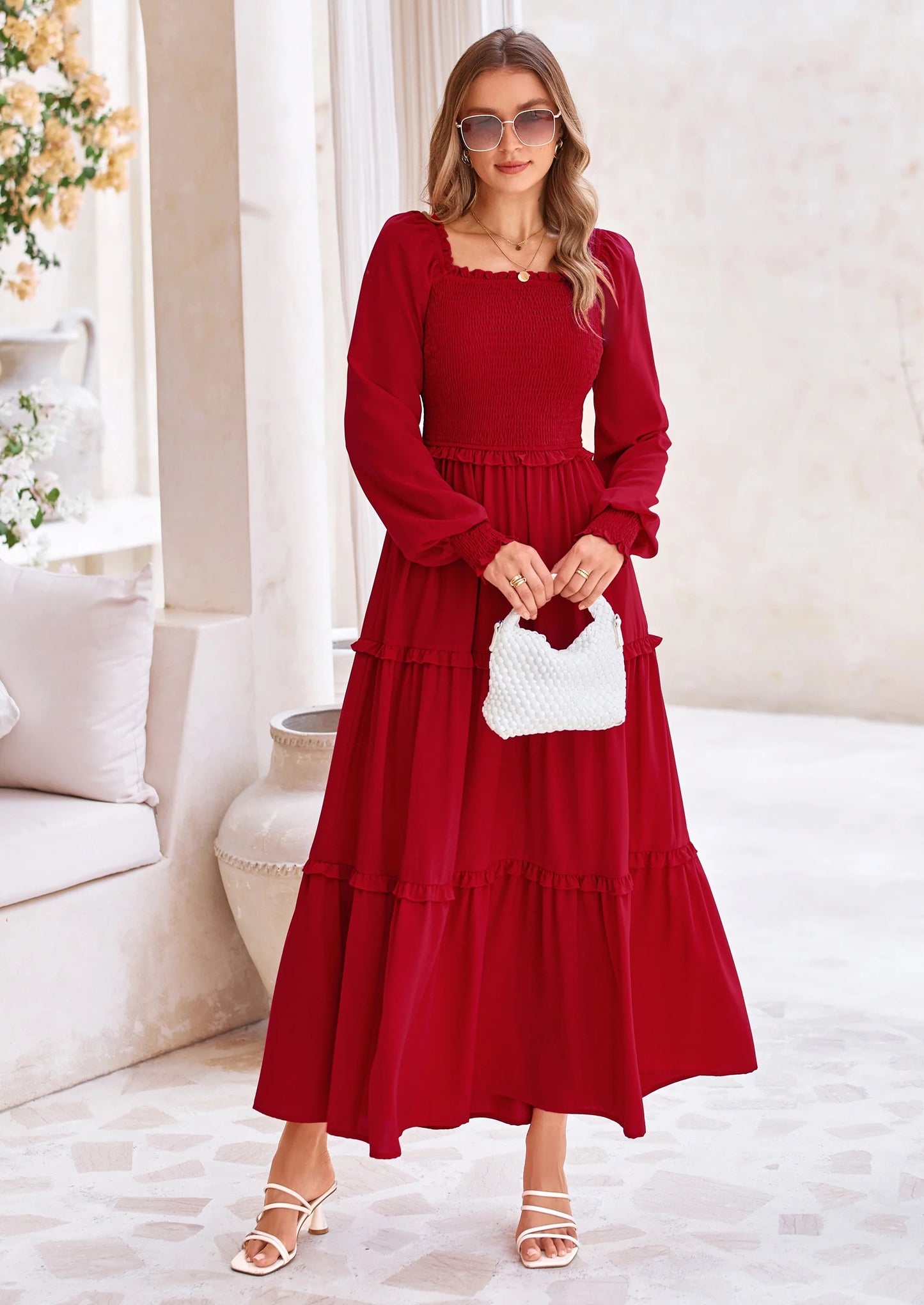 Fall Wedding Guest Dresses for Women Long Sleeve Square Neck Tiered A Line Modest Elegant Flowy Dresses
