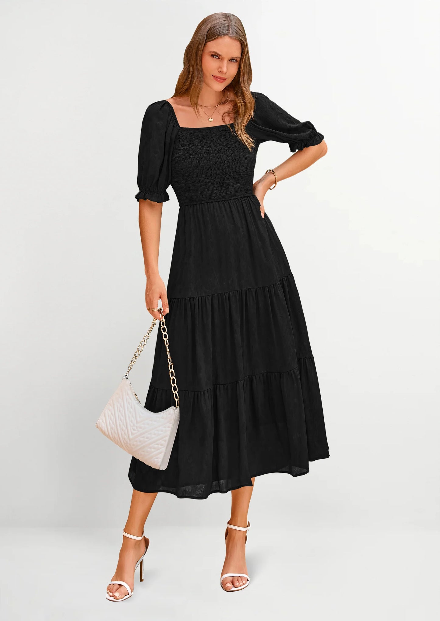 Women's Casual Midi Dresses Square Neck Short Sleeve Smocked A Line Floral Flowy Elegant Boho Dress