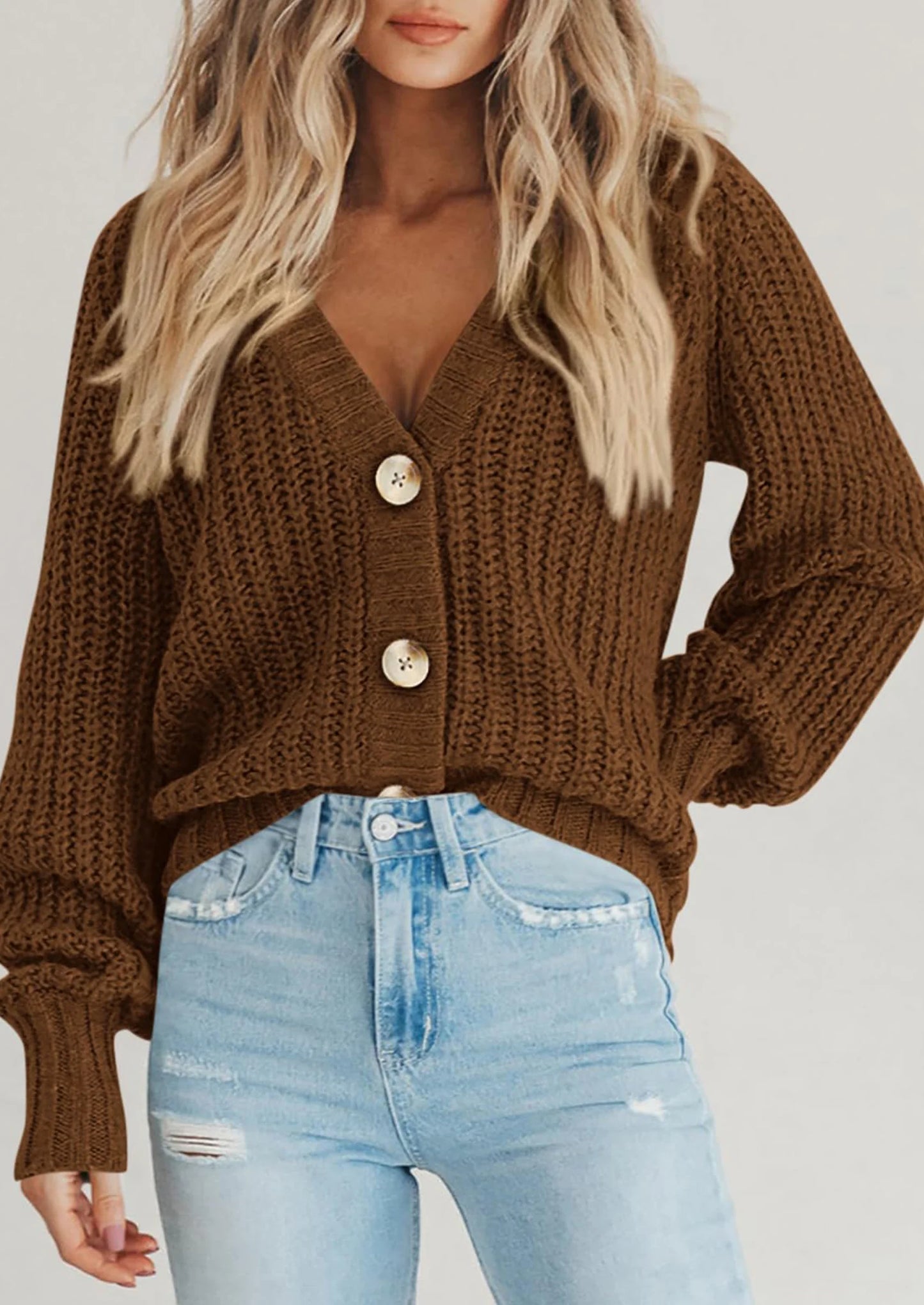 Women's Chunky Knit Open Front Sweater Long Sleeve Button Loose Short Cardigan Outerwear Coats
