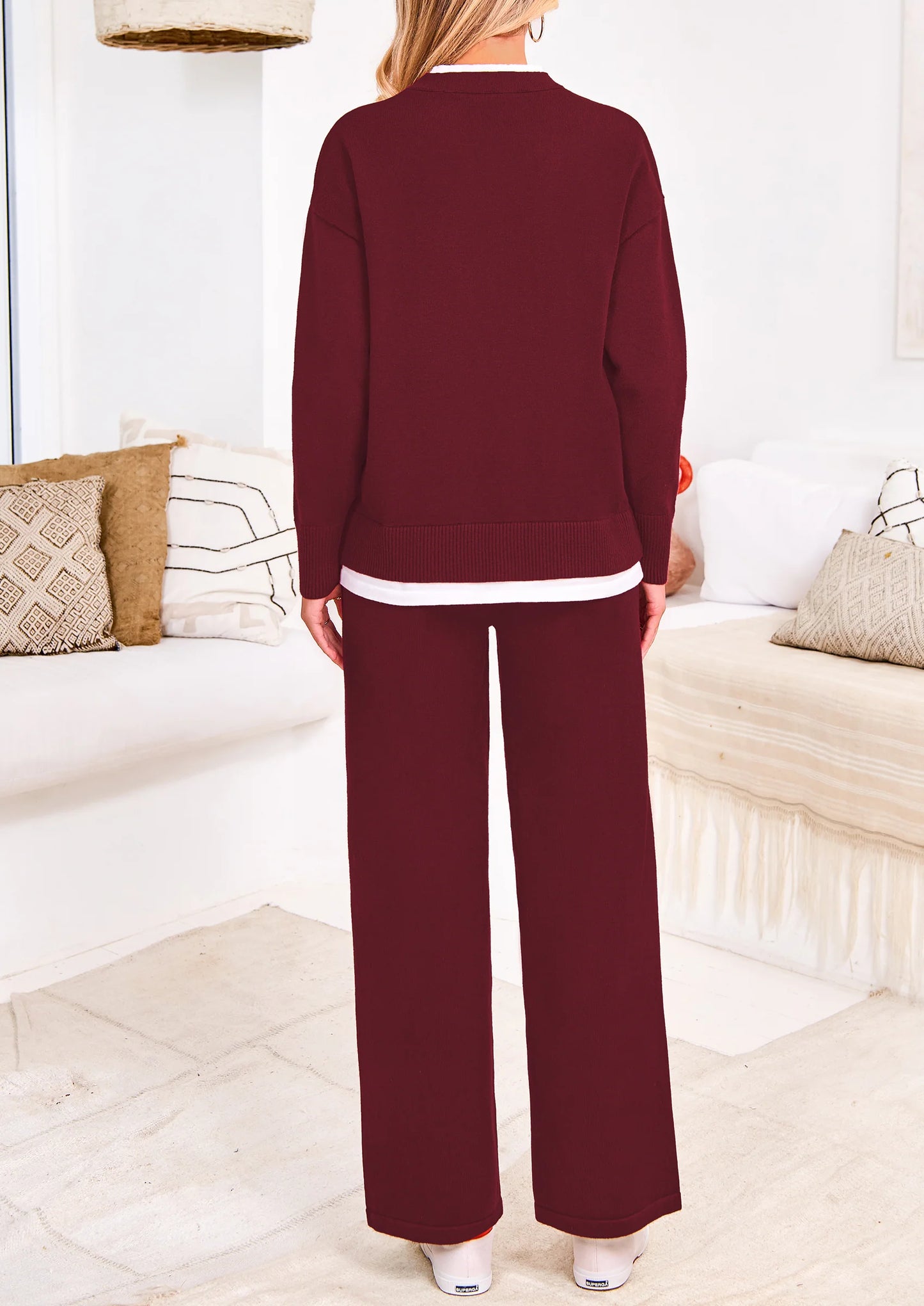 Two Piece Matching Sweater Lounge Sets Knit Long Sleeve Pullover Tops Wide Leg Pants