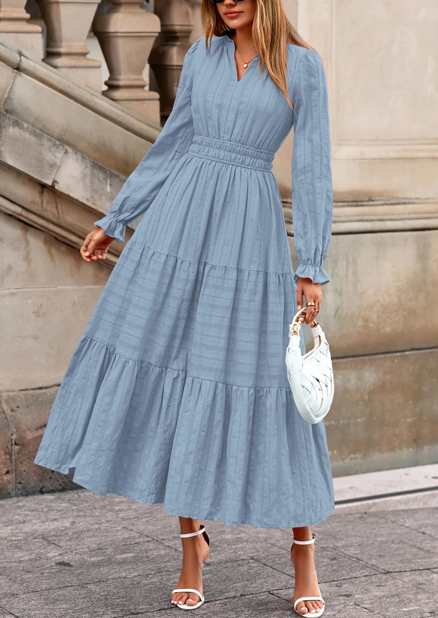 Women's Fall Wedding Guest Dresses Long Sleeve V Neck Flowy Elegant Holiday Party Maxi Dress with Pockets