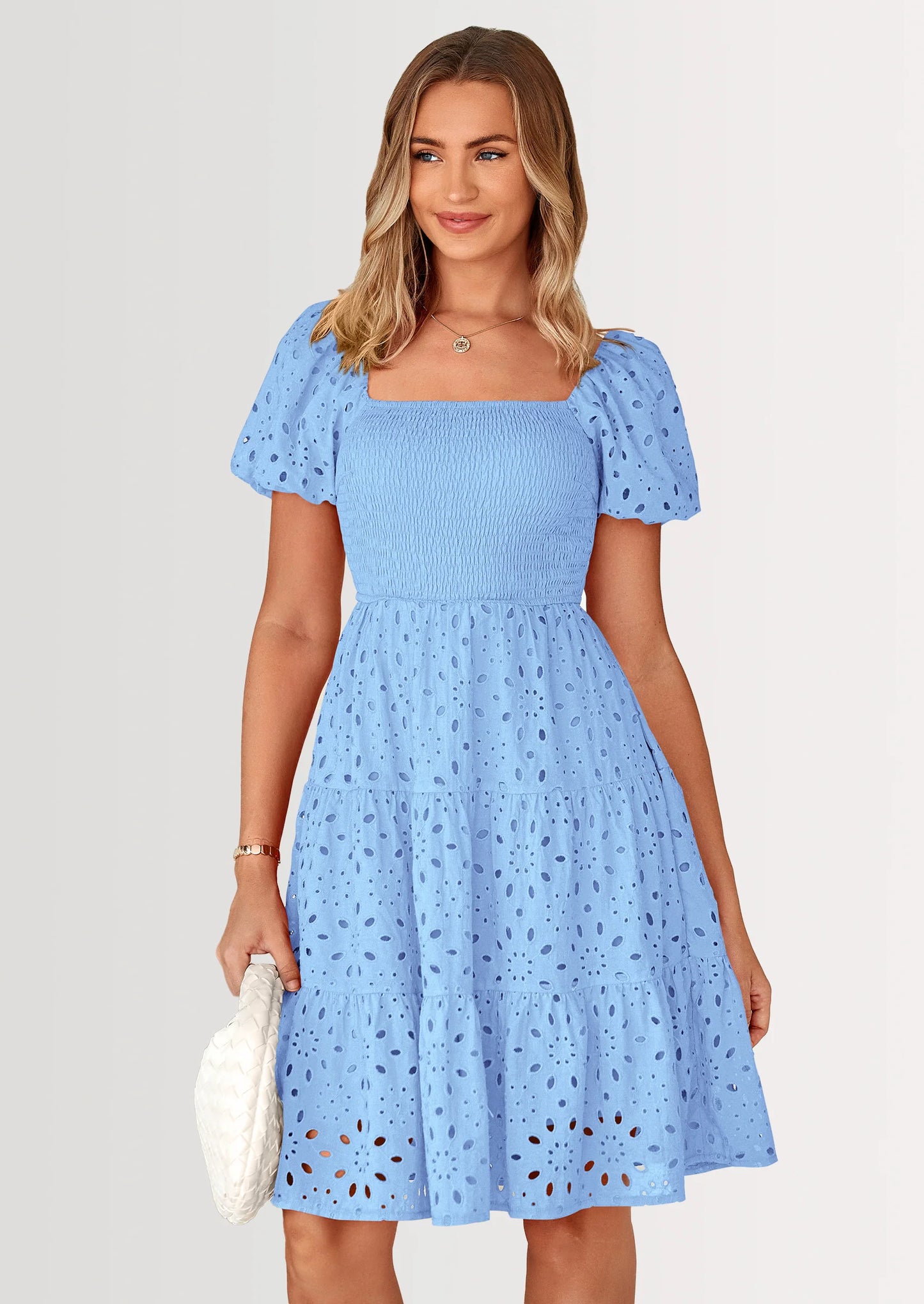 Womens Summer Puff Sleeve Mini Dress Off Shoulder Eyelet Smocked A Line Casual Babydoll Short Dresses