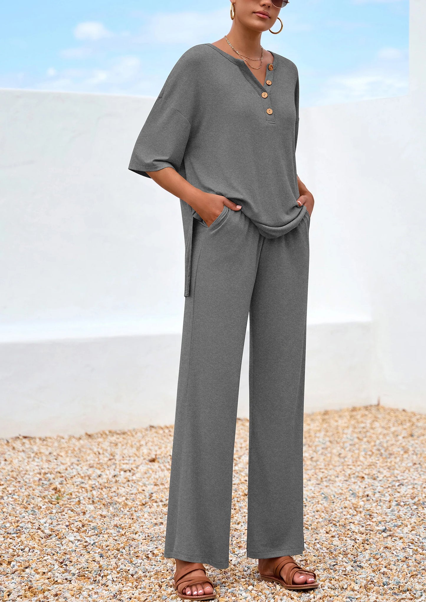 Women's 2 Piece Outfits Summer Casual V Neck Short Sleeve Tops Wide Leg Pants Matching Lounge Sets