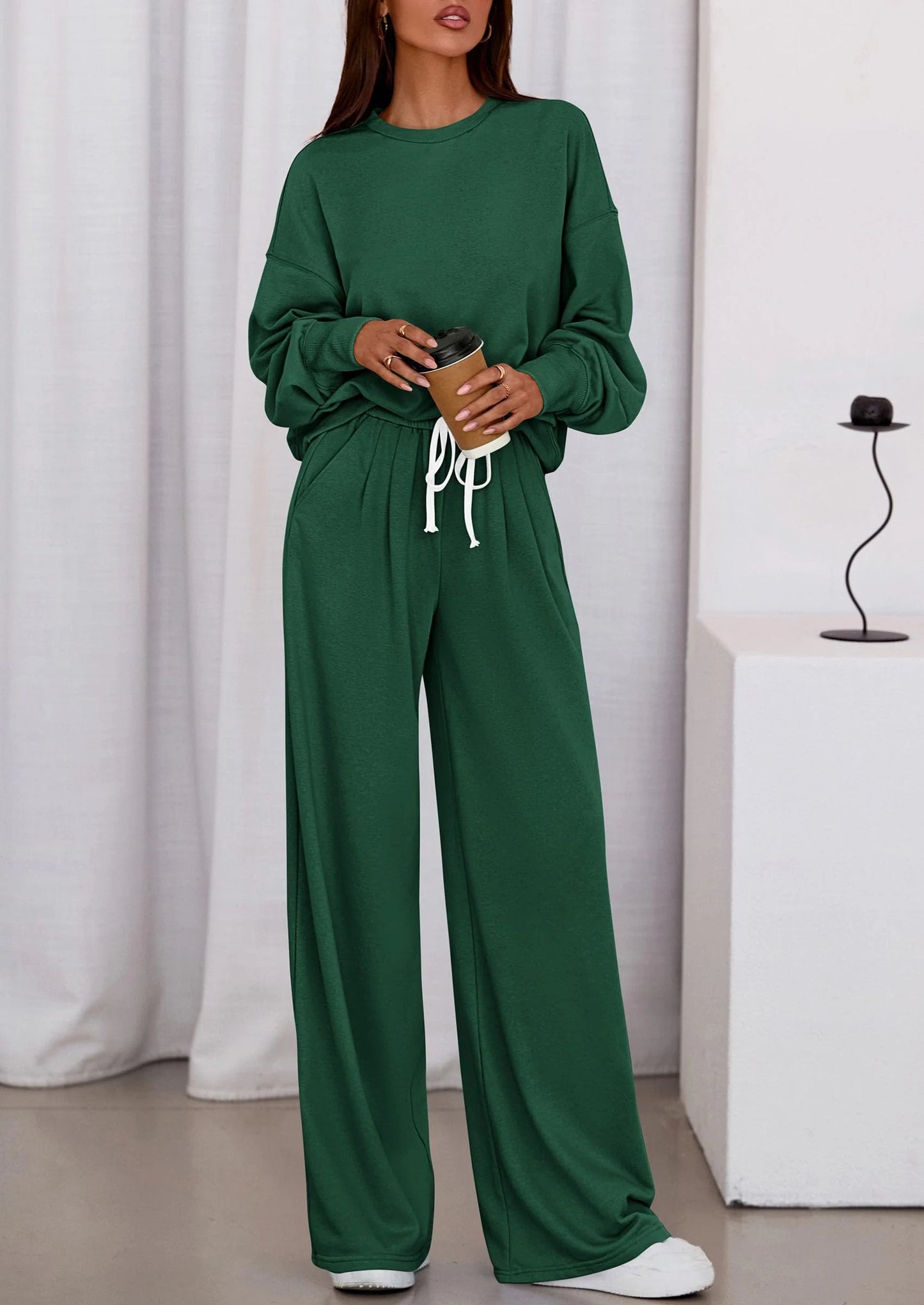 Womens 2 Piece Sets Long Sleeve Sweatshirt Wide Leg Pants Loose Matching Lounge Set Trendy Fall Outfits