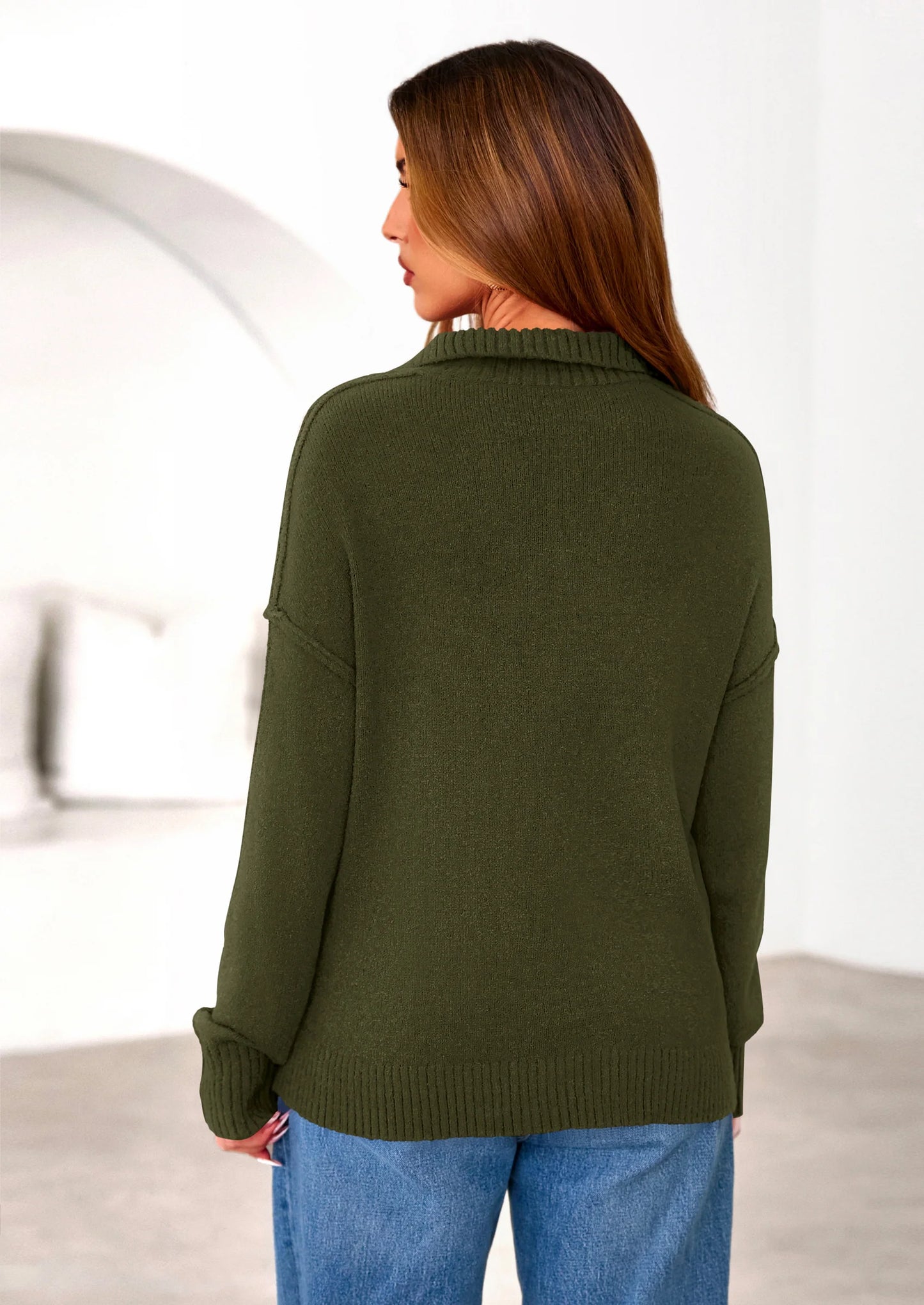 Womens Sweaters Quarter Zip Pullover Early Fall Fashion Long Sleeve V Neck Collared Knit Winter Jumper Tops