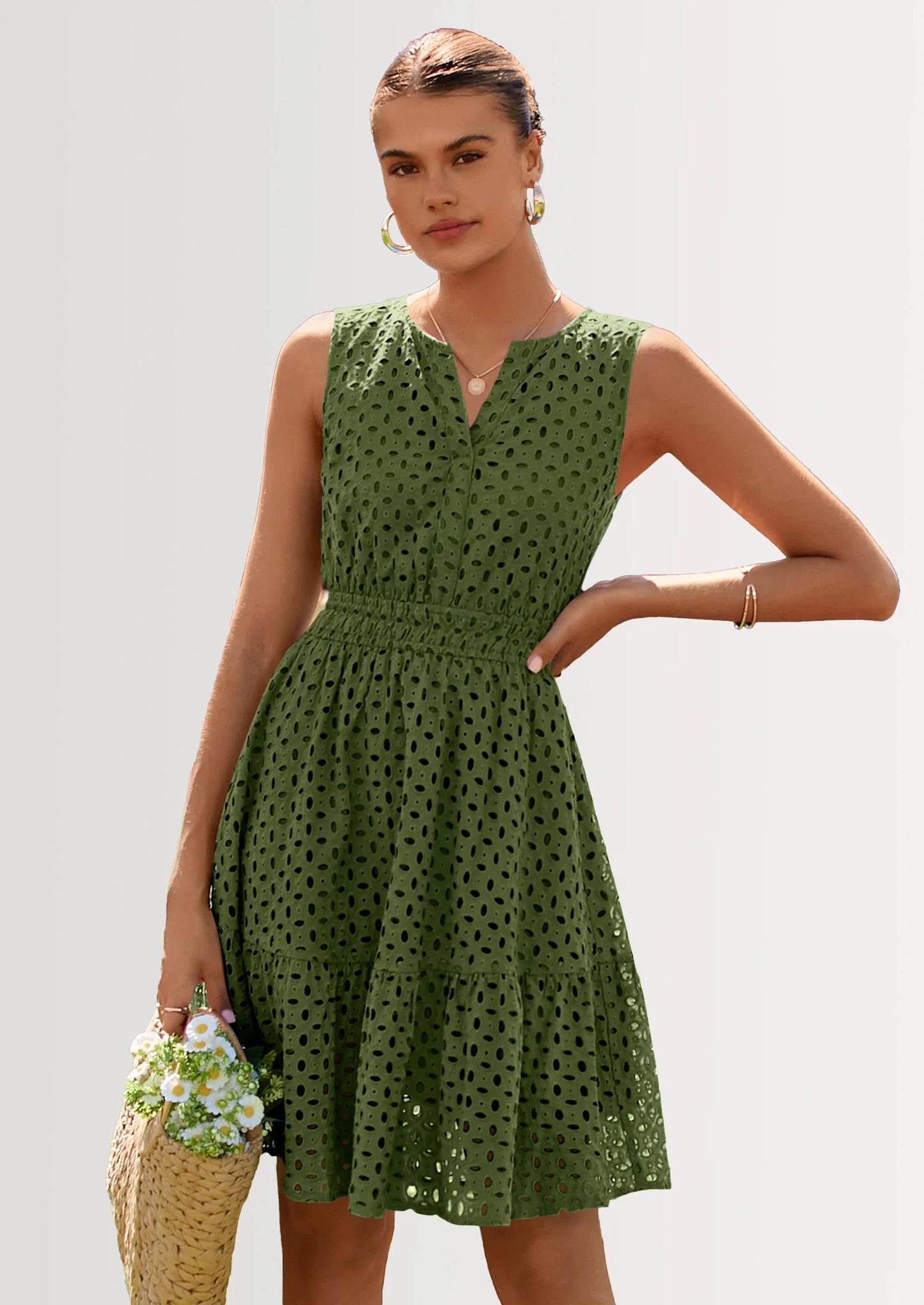 Women's Summer Dresses Sleeveless V Neck Eyelet Hollow Out Swing A Line Beach Vacation Sun Dress