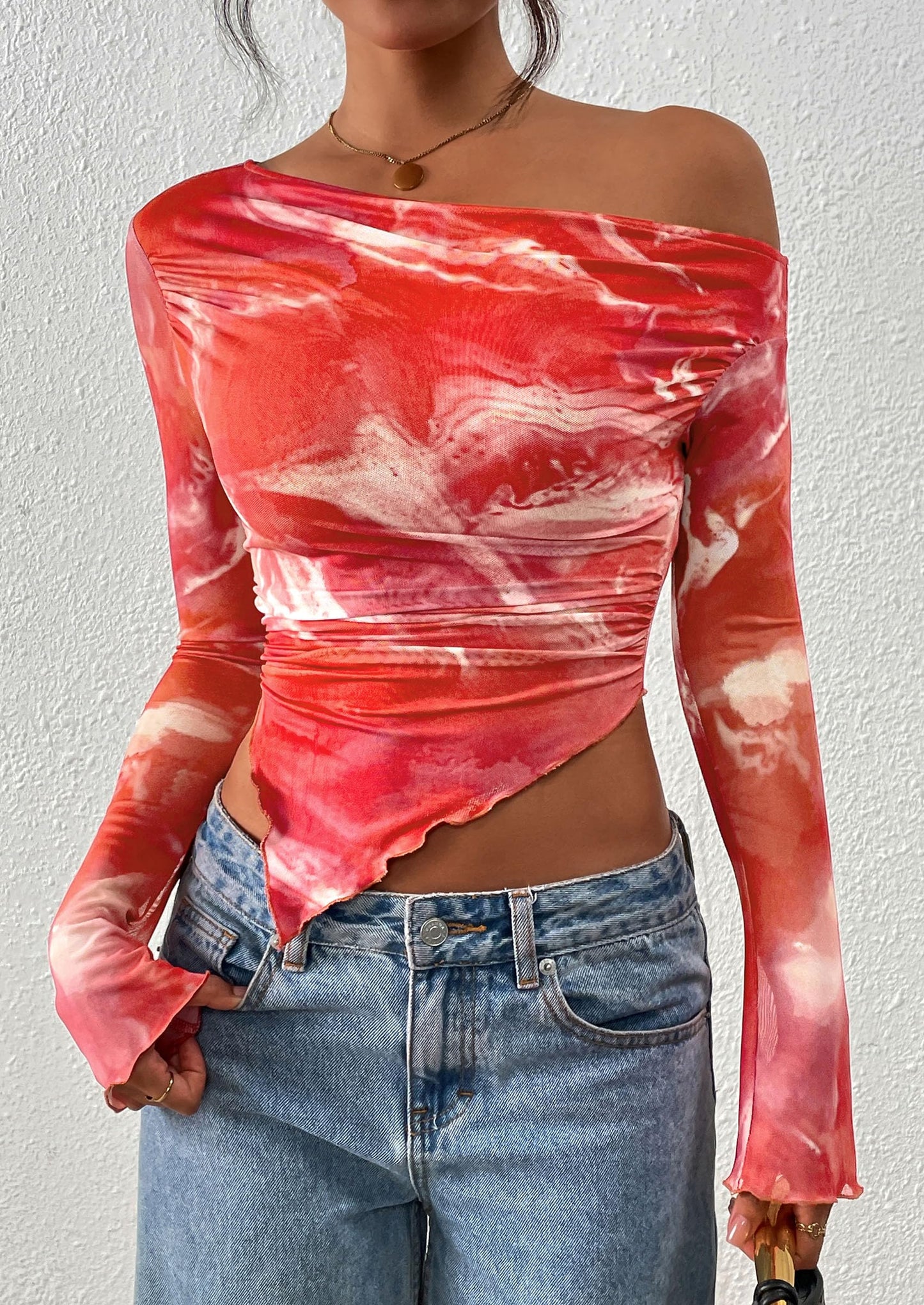 Womens Fall Trendy Off Shoulder Tops Tie Dye Mesh Long Sleeve Shirts Asymmetrical Ruched Floral Blouse