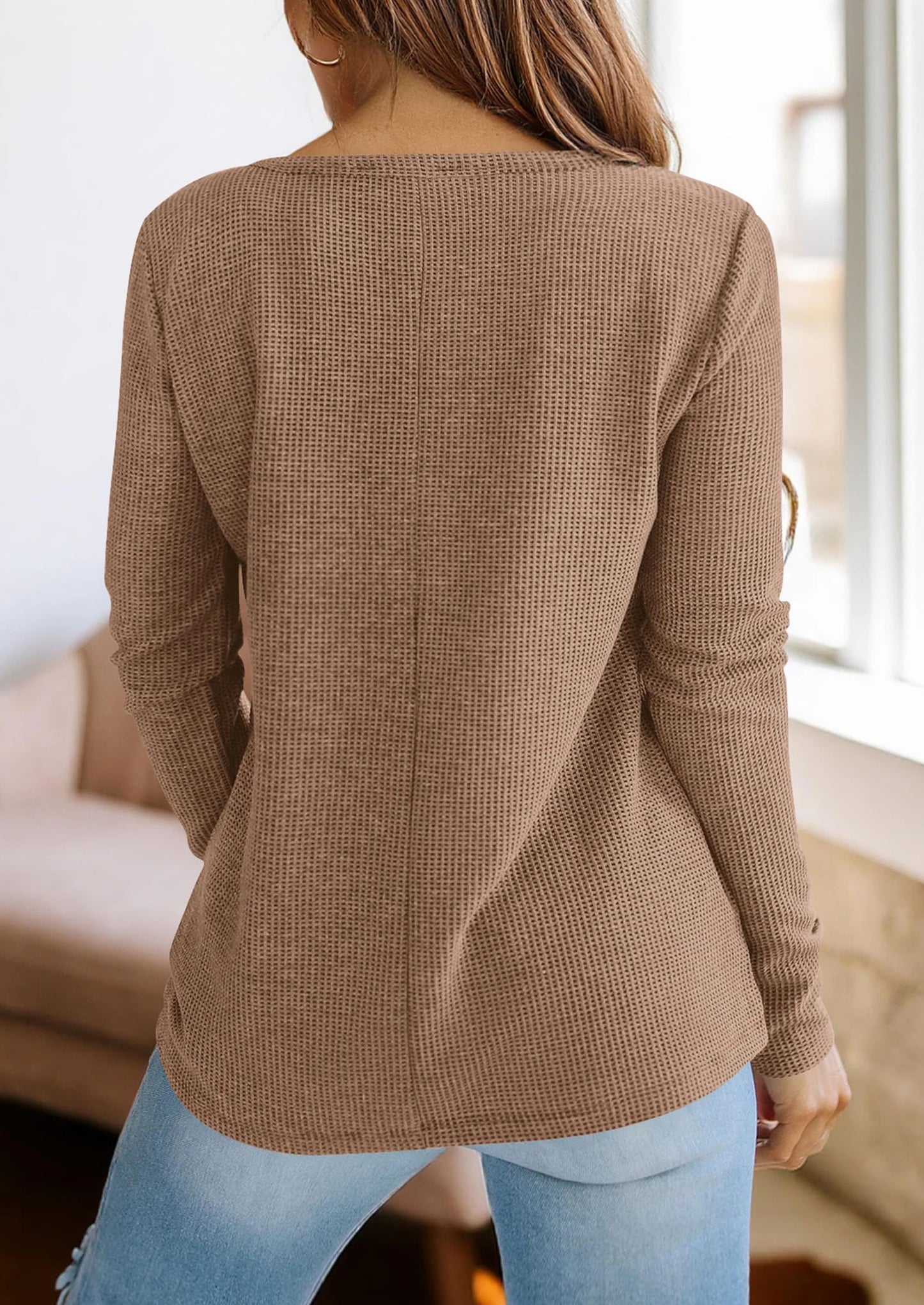 Long Sleeve Shirts for Women Fall V Neck Waffle Basic Tee Dressy Casual Winter Blouses Knit Tunic Tops