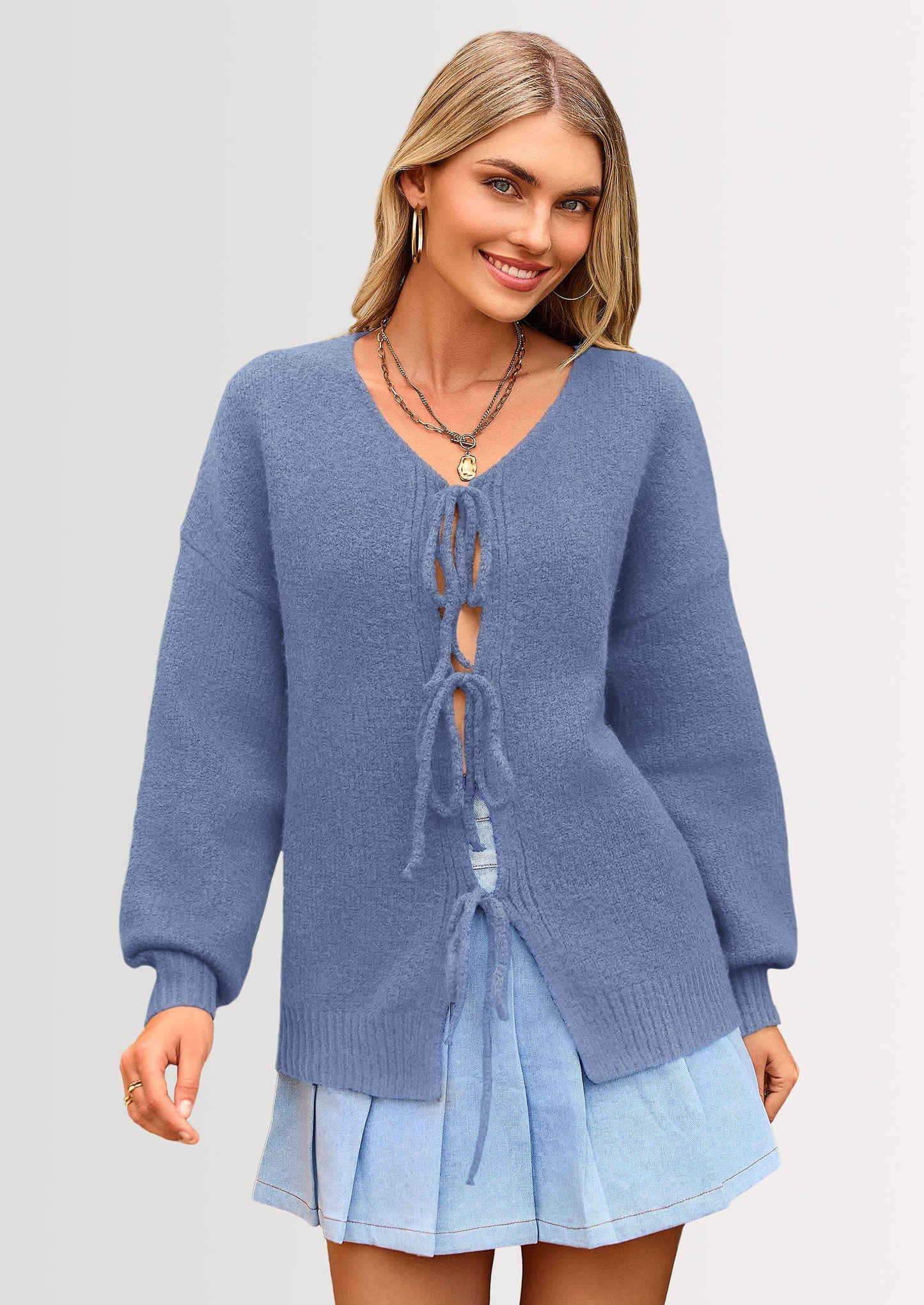 Women's Tie Front Bow Cardigan Sweaters Chunky Knit Long Puff Sleeve Trendy Fall Winter Jacket Coats