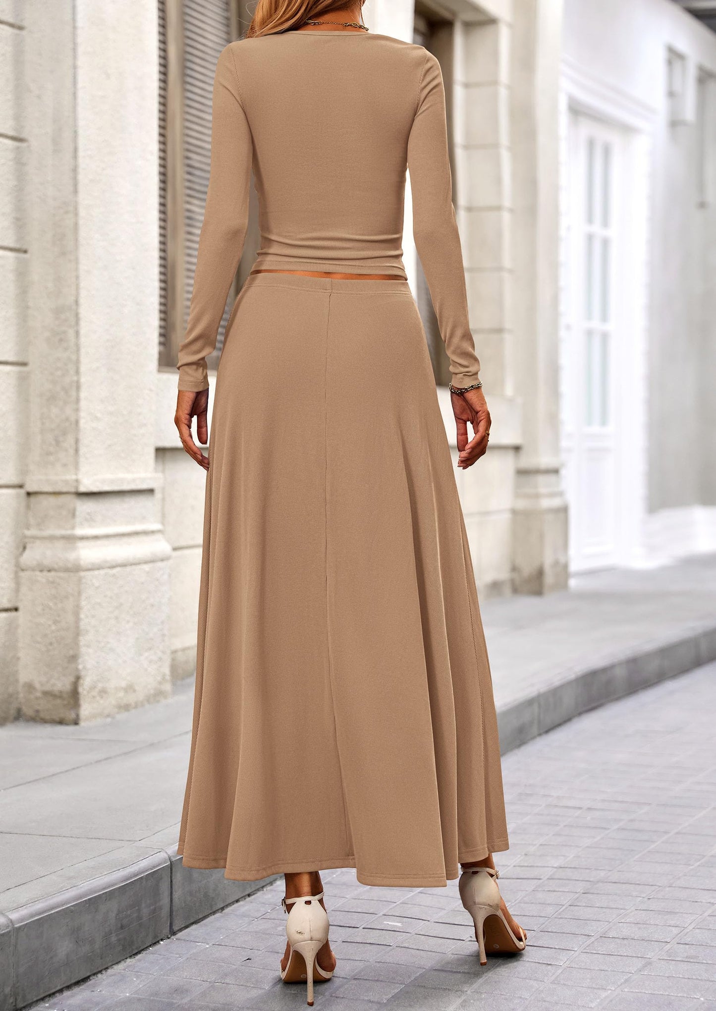 2 Piece Casual Ribbed Knit Long Sleeve Crop Tops Maxi Flowy Skirts Matching Sets