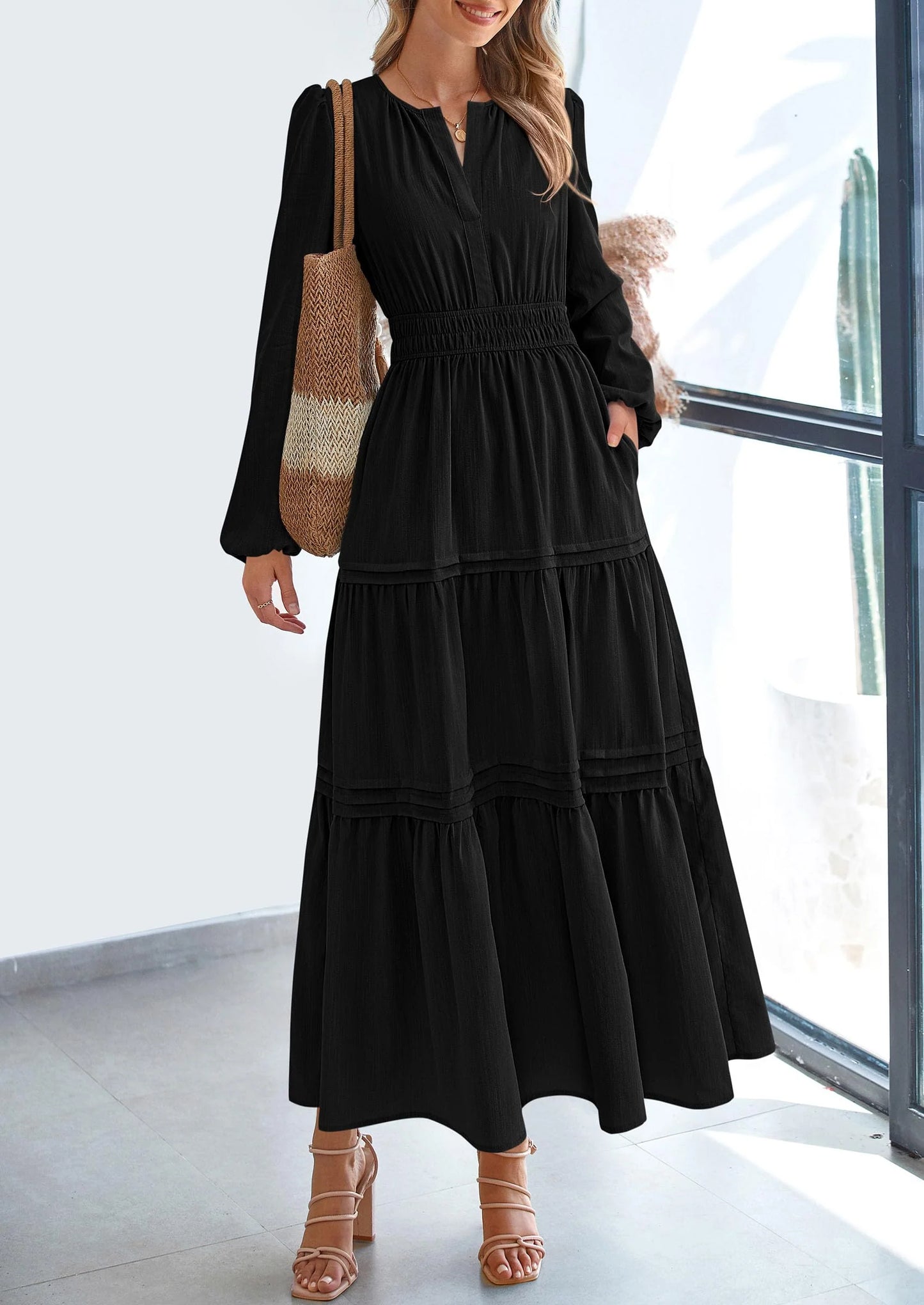 Women's Elegant Maxi Dresses Long Sleeve V Neck Flowy Pockets Casual Modest Dress Fall Fashion Clothes