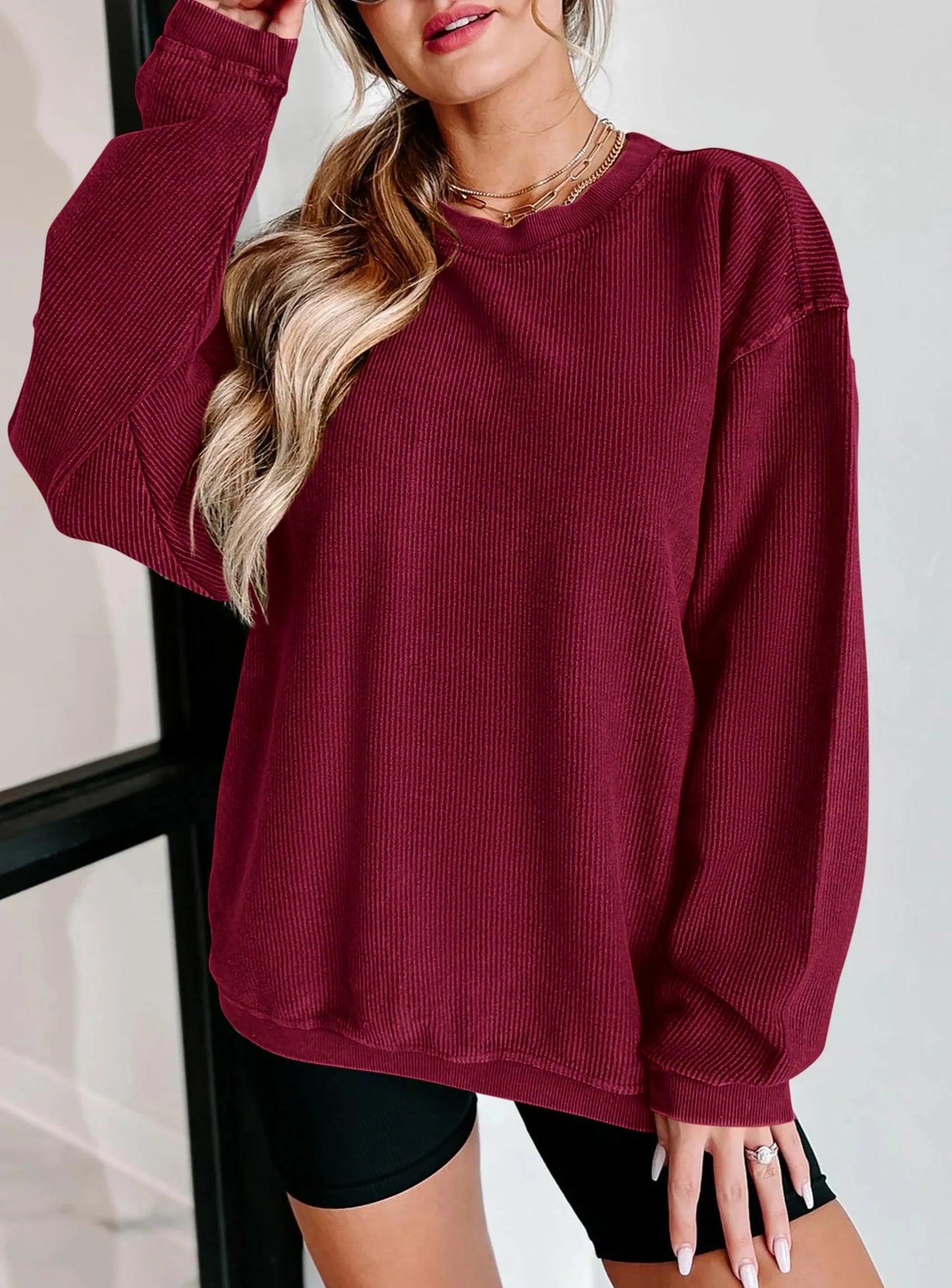 Women's Oversized Sweatshirt 2025 Fall Fashion Clothes Ribbed Corduroy Long Sleeve Going Out Pullover Tops