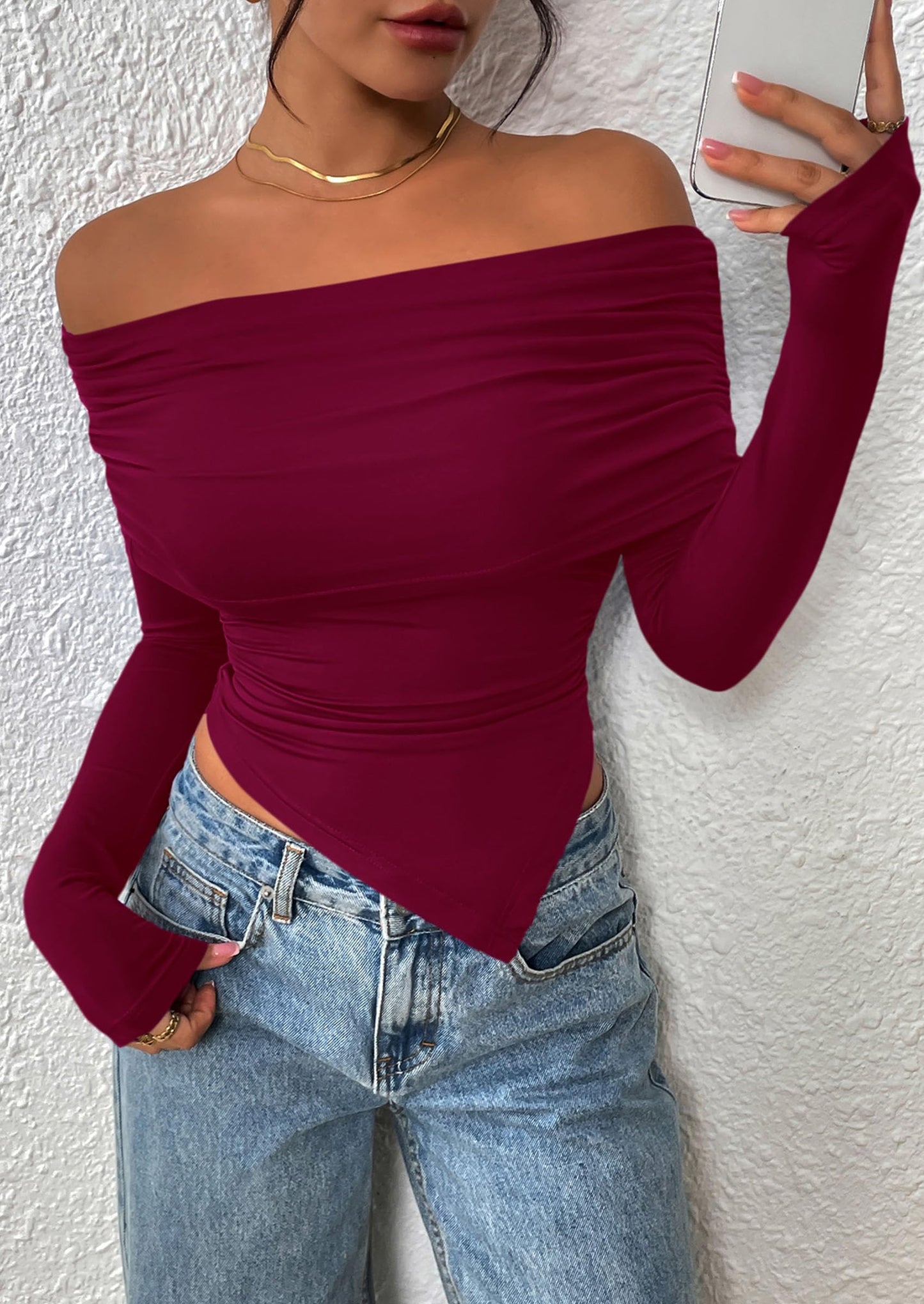 Women's Long Sleeve Shirts Off Shoulder Tops Going Out Slim Fitted Y2K Blouses Fall Fashion Clothes