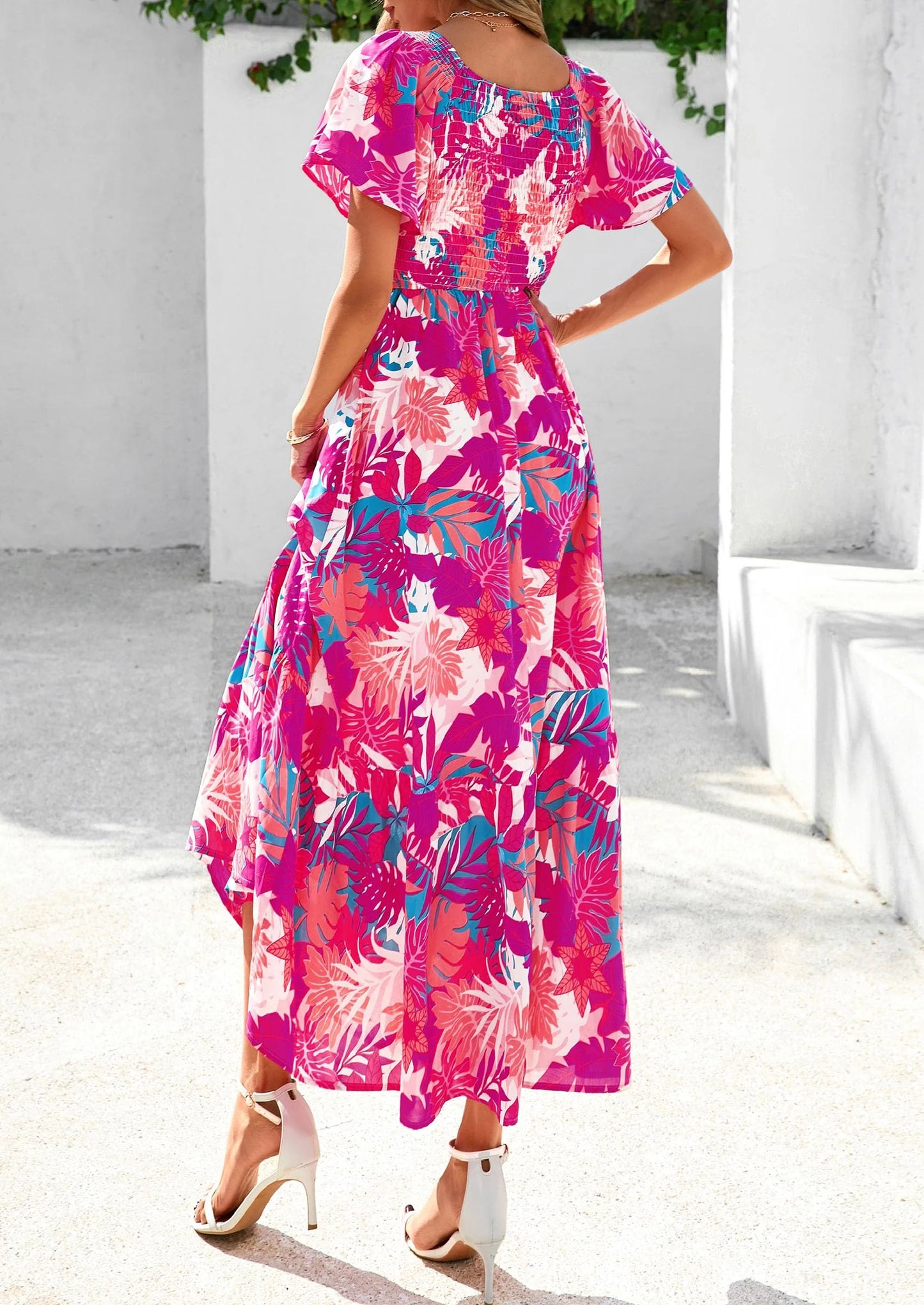 Women Floral Boho Maxi Dresses Short Sleeve V Neck Smocked A Line Long Flowy Beach Vacation Dress