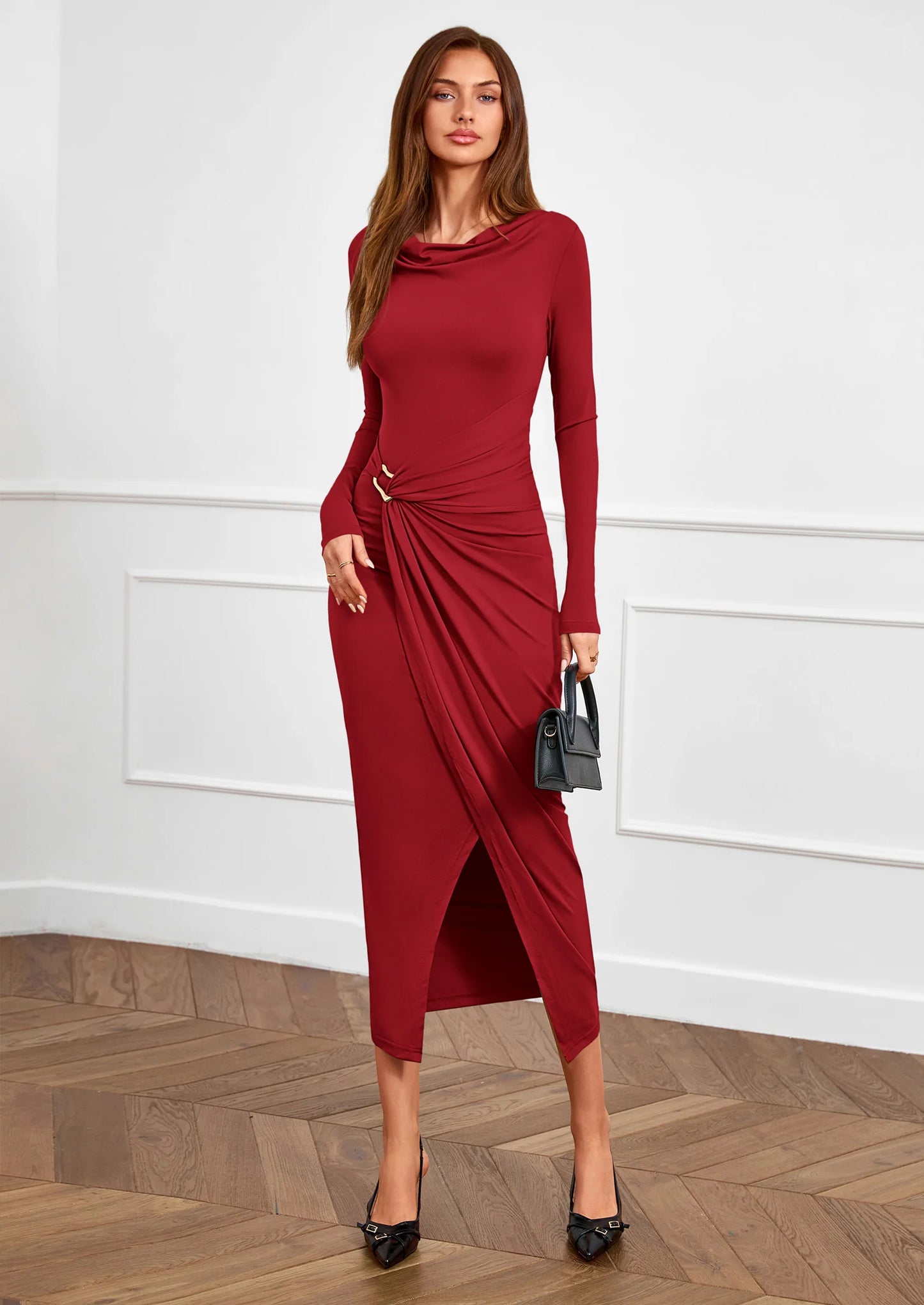 Women's Fall Wedding Guest Cocktail Midi Dresses Elegant Long Sleeve Bodycon Ruched Dress Fashion Clothing