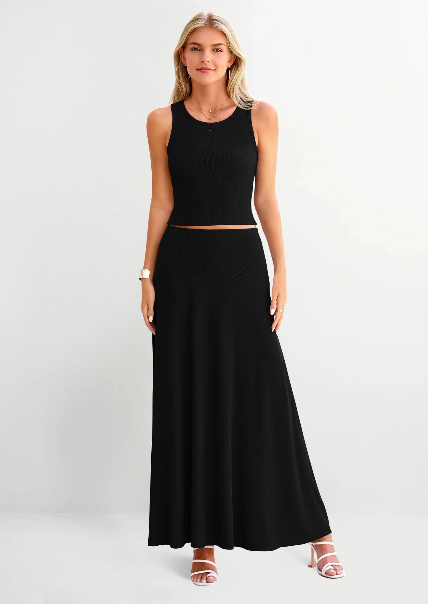 2 Piece Maxi Skirt Sets Casual Knit Cropped Tank Top High Waisted Long Skirts Outfit