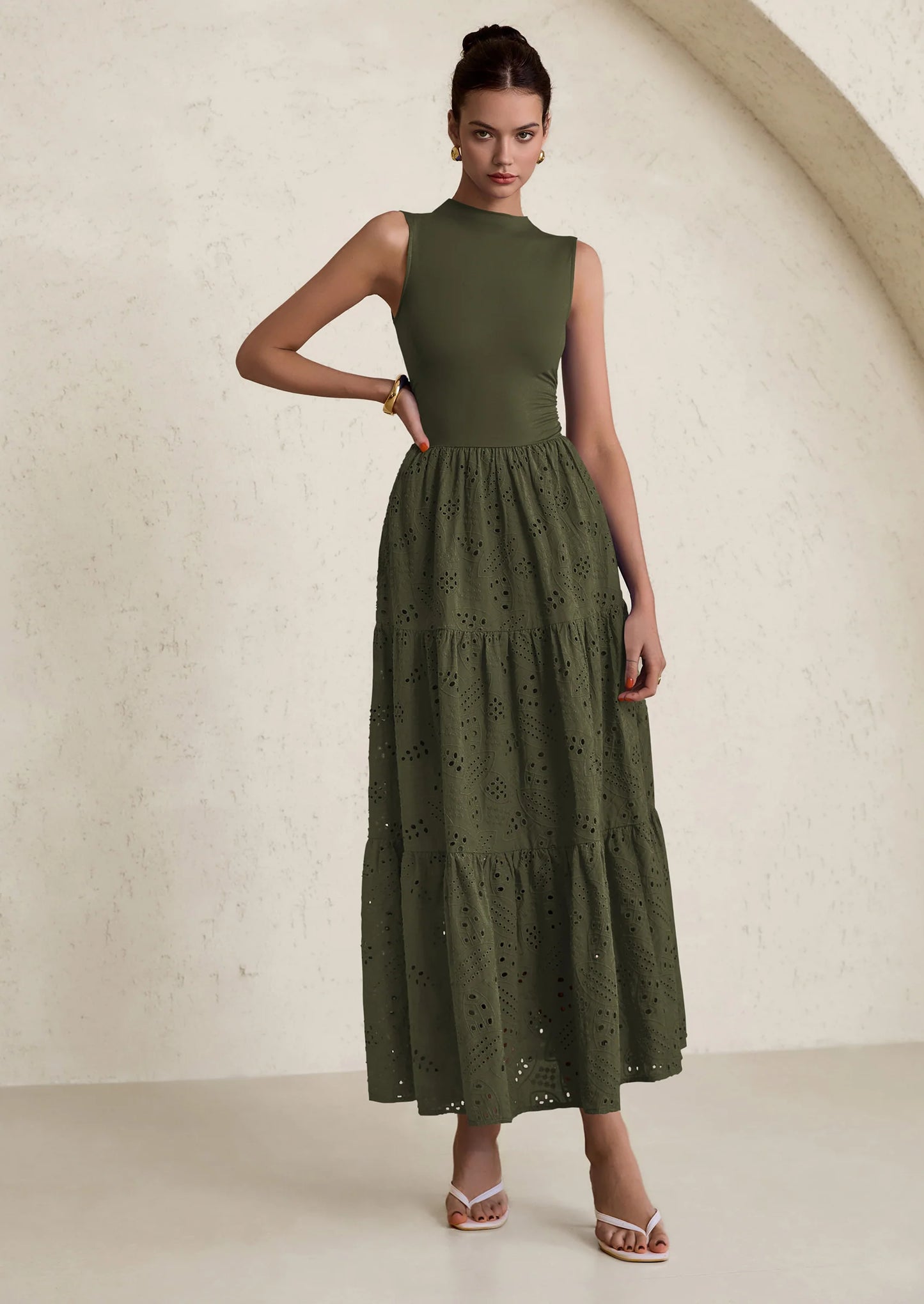 Dresses for Women Casual Eyelet Sleeveless Wedding Guest Maxi Dress Tank Top Sundress with Pockets