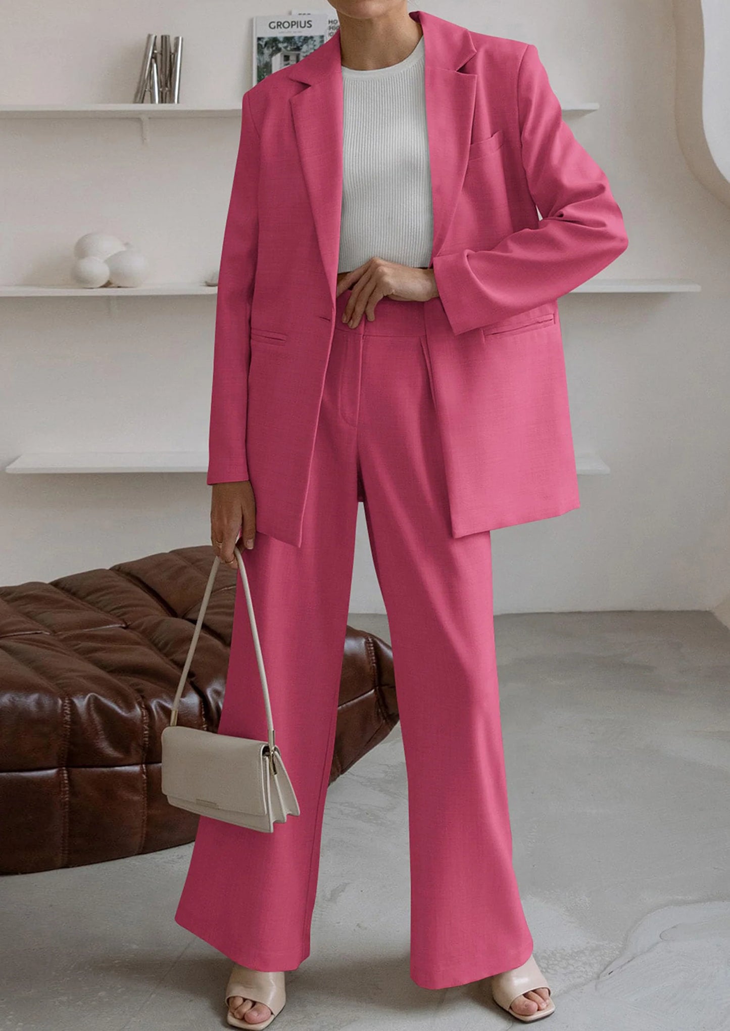 Women's Fall Two Piece Outfits Dressy Blazer Jacket and Wide Leg Pants Pockets Business Casual Office Suit Sets