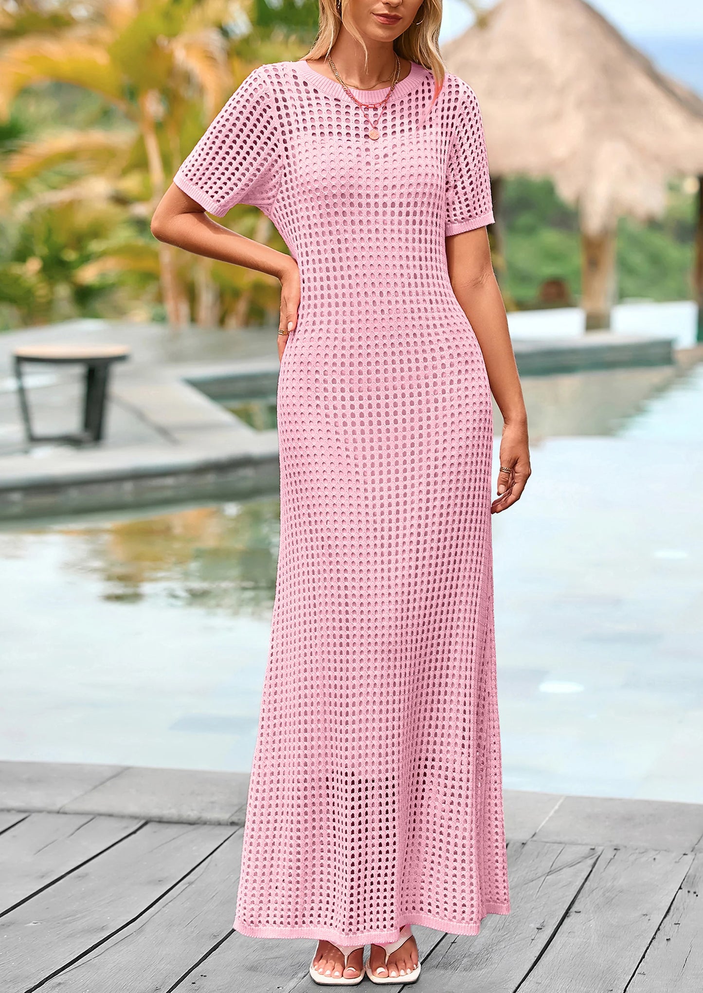 Womens Eyelet Cover Up Dress Summer Vacation Resort Maxi Dresses Beach Short Sleeve Hollow Out Sundress