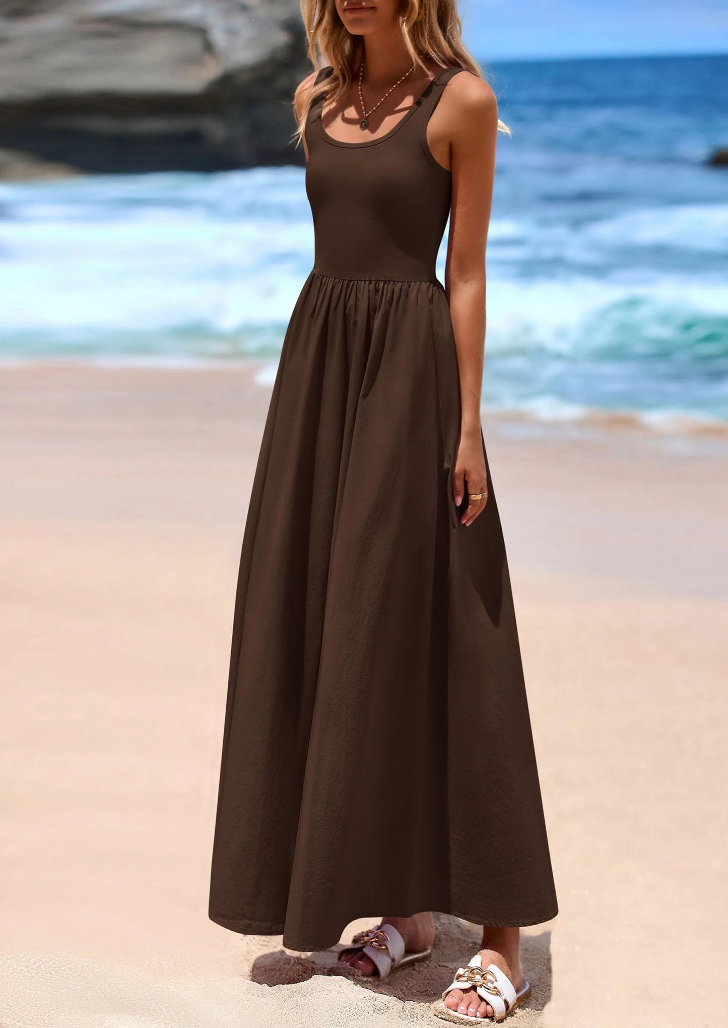 Womens Summer Casual Scoop Neck Sleeveless Long Dresses Tank Top Patchwork Aline Swing Maxi Dress with Pockets