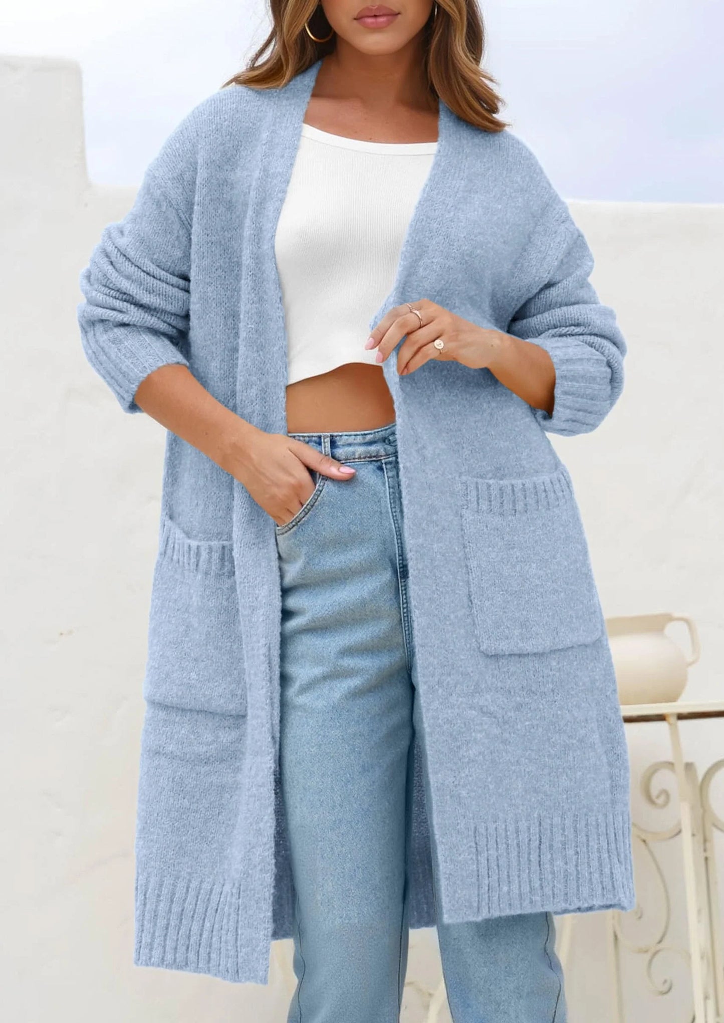 Fall Long Sleeve Cardigan Sweaters for Women Trendy Winter Open Front Loose Knitted Cardigans with Pockets