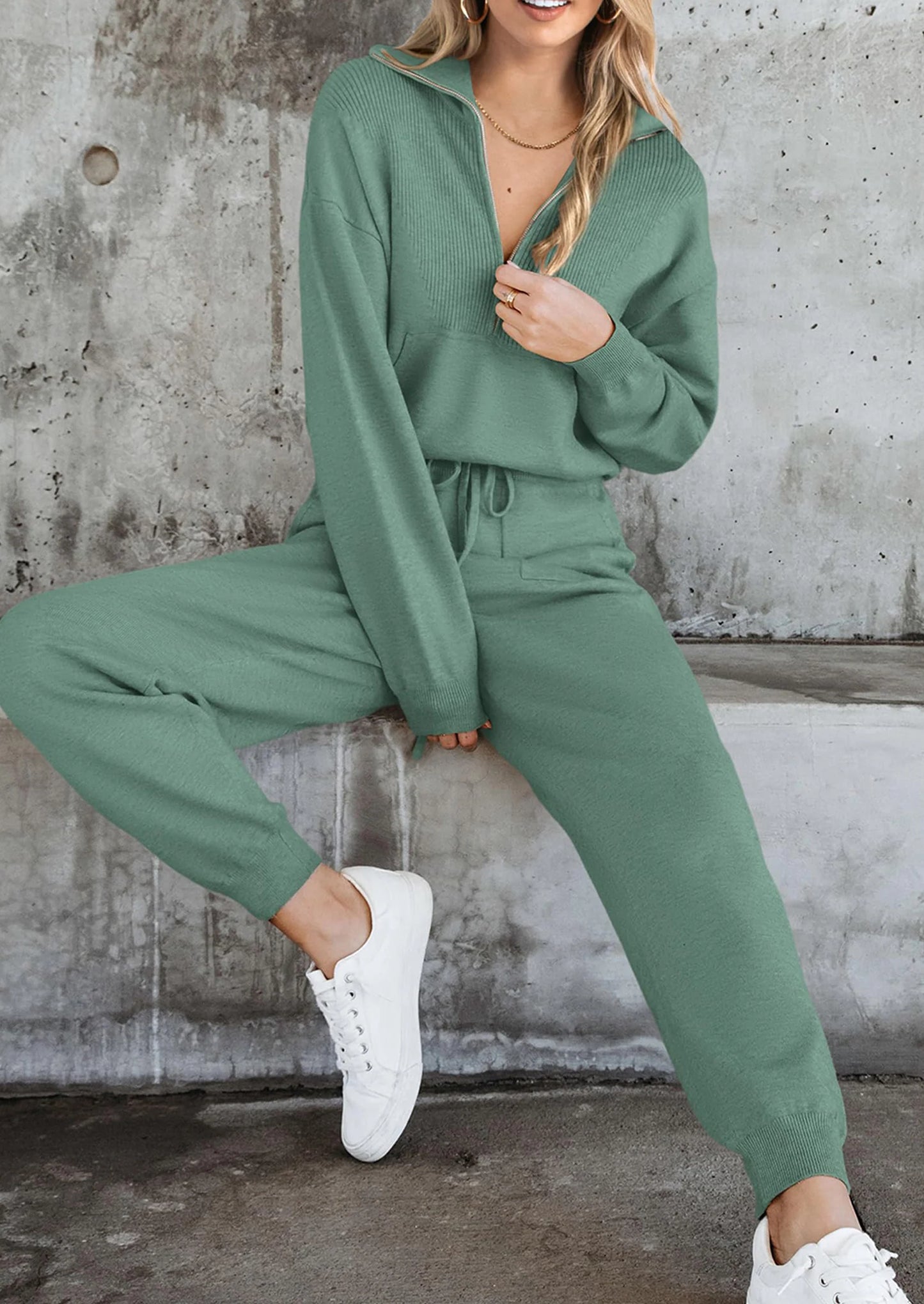 Women's 2 Piece Sweater Set Pullover Zip Up Sweatshirt Jogger Sweatpants Tracksuit Casual Outfit