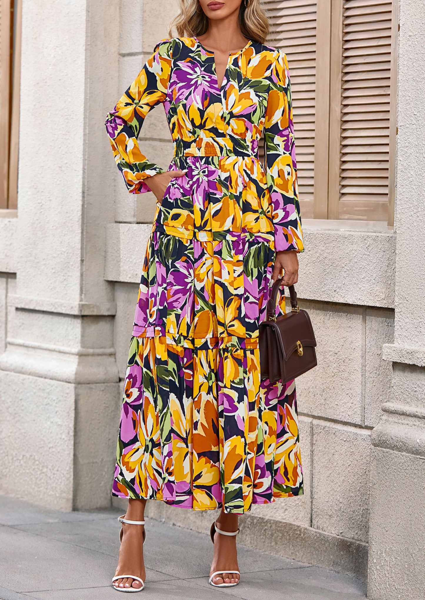 Women's Fall Boho Maxi Dresses Floral Long Sleeve V Neck Flowy Elegant Wedding Guest Dress Vacation Outfits