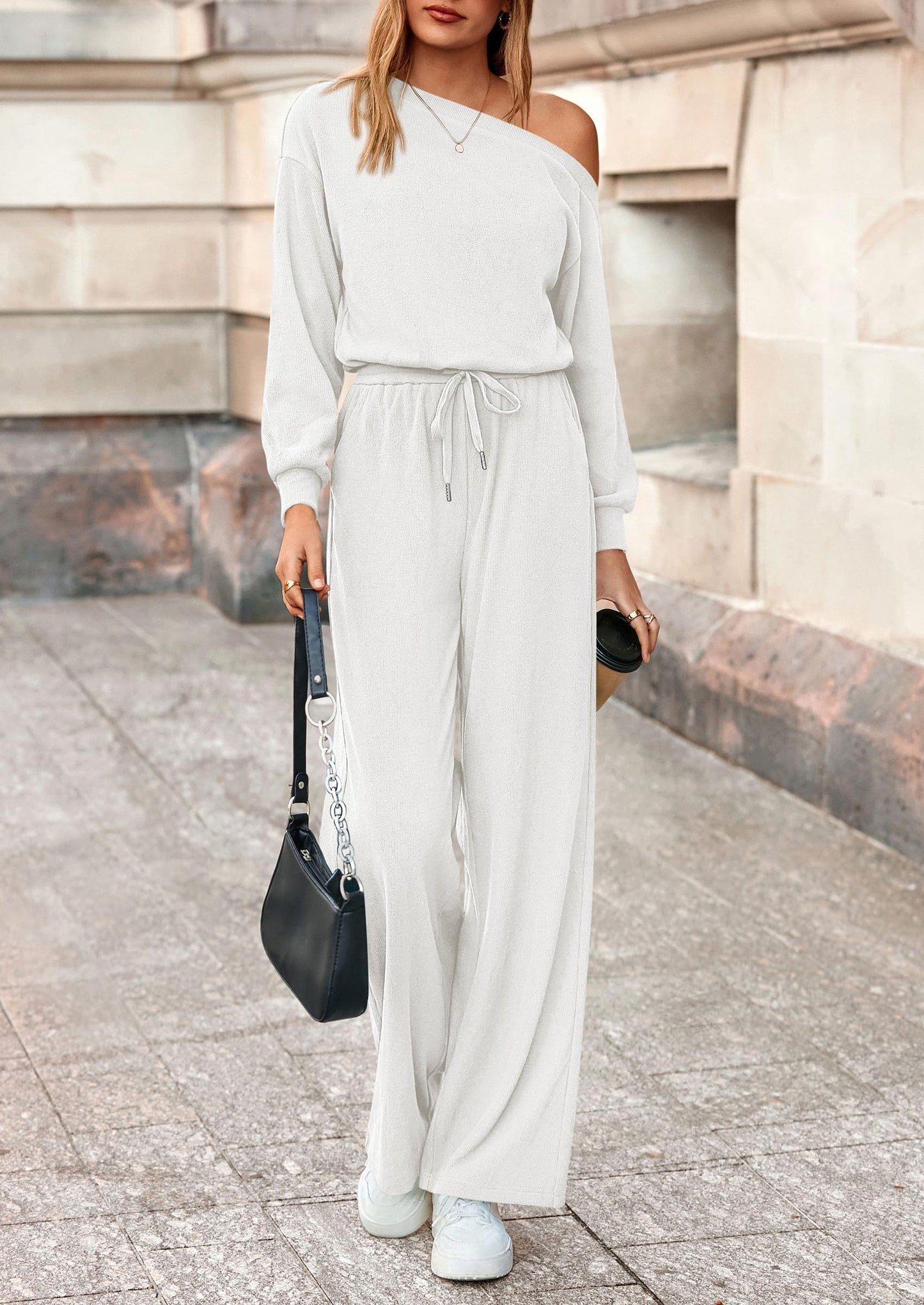 Long Sleeve Jumpsuit For Women Dressy Off Shoulder One Piece Loose Wide Leg Jumpsuits Casual Flowy Romper