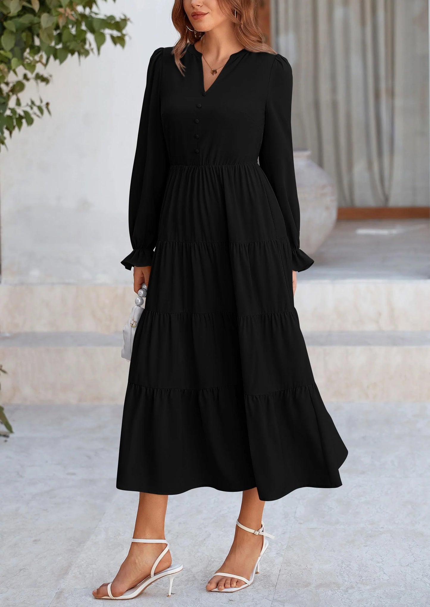 Women Fall Long Sleeve Smocked Maxi Dress Casual Square Neck Swiss Dot Tiered Ruffle Flowy Spring Pocket Dresses