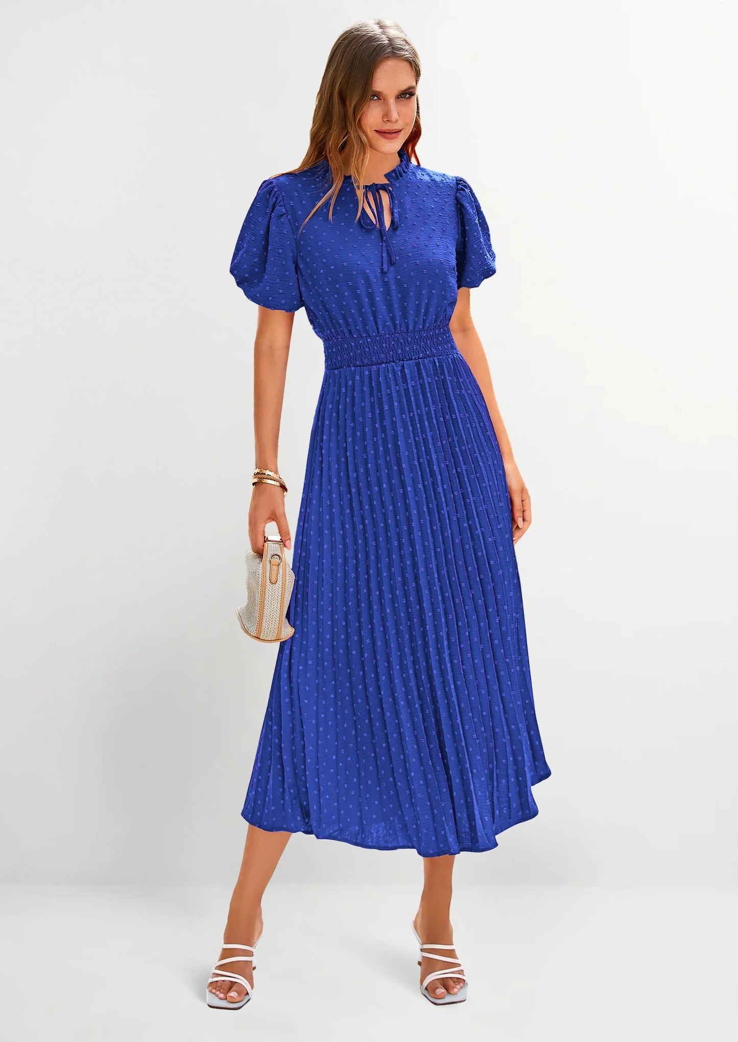 Womens Midi Dresses Puff Short Sleeve V Neck Swiss Dot Pleated A Line Flowy Long Wedding Guest Dress