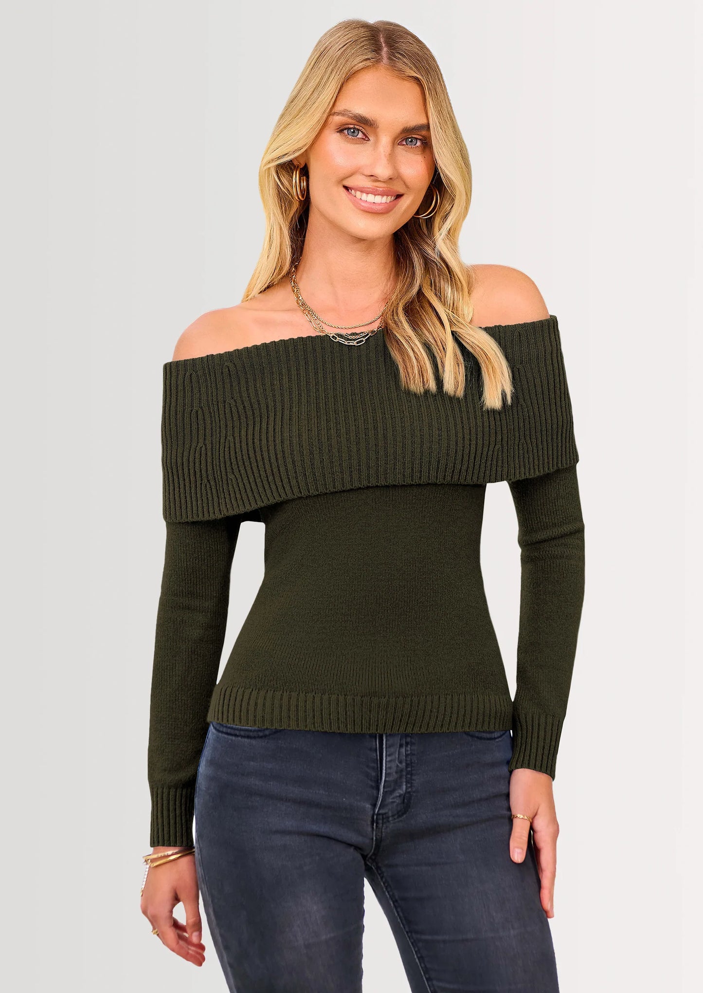 Women's Fall Off Shoulder Sweaters Y2K Long Sleeve Ribbed Knit Fitted Pullover Winter Date Night Tops Blouse