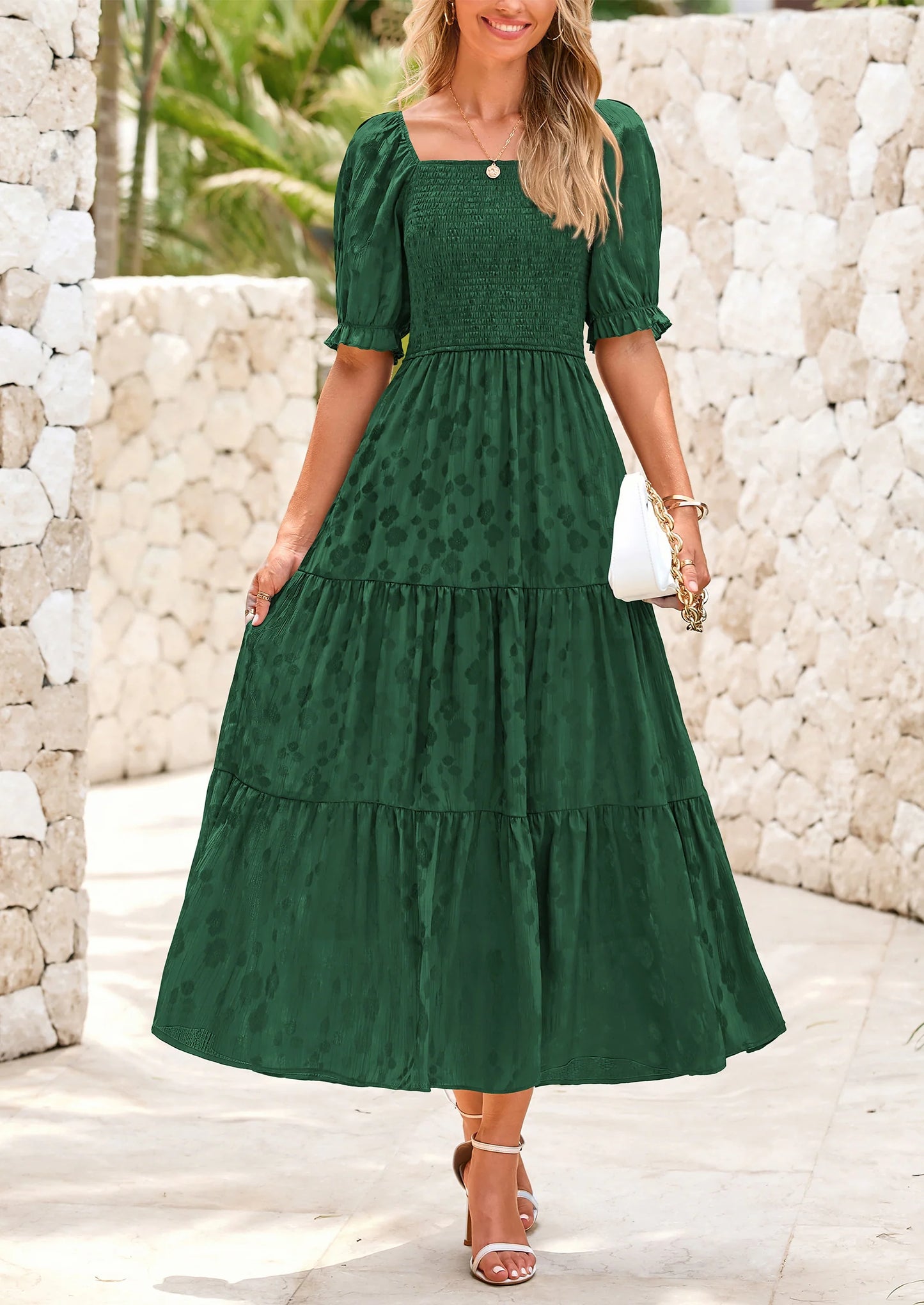 Women's Casual Midi Dresses Square Neck Short Sleeve Smocked A Line Floral Flowy Elegant Boho Dress