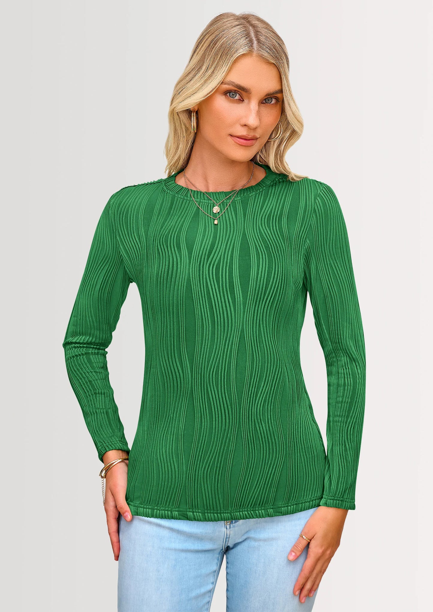 Long Sleeve Tops for Women Spring Fall Trendy Business Dressy Casual Shirts Crewneck Textured Blouse