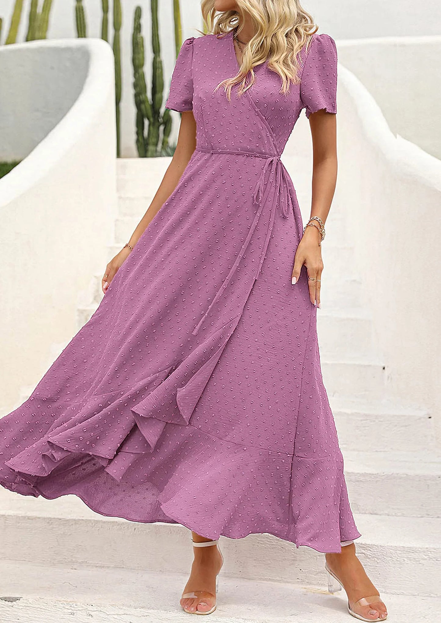 Women's Summer Maxi Dress Casual Wrap Floral Boho Short Sleeve V Neck Split Ruffle Beach Long Dresses