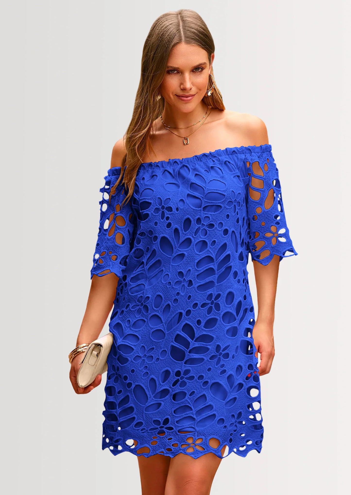 Women's Summer Off Shoulder Dresses Floral Lace Flare Short Sleeve Spring Vintage Elegant Mini Dress