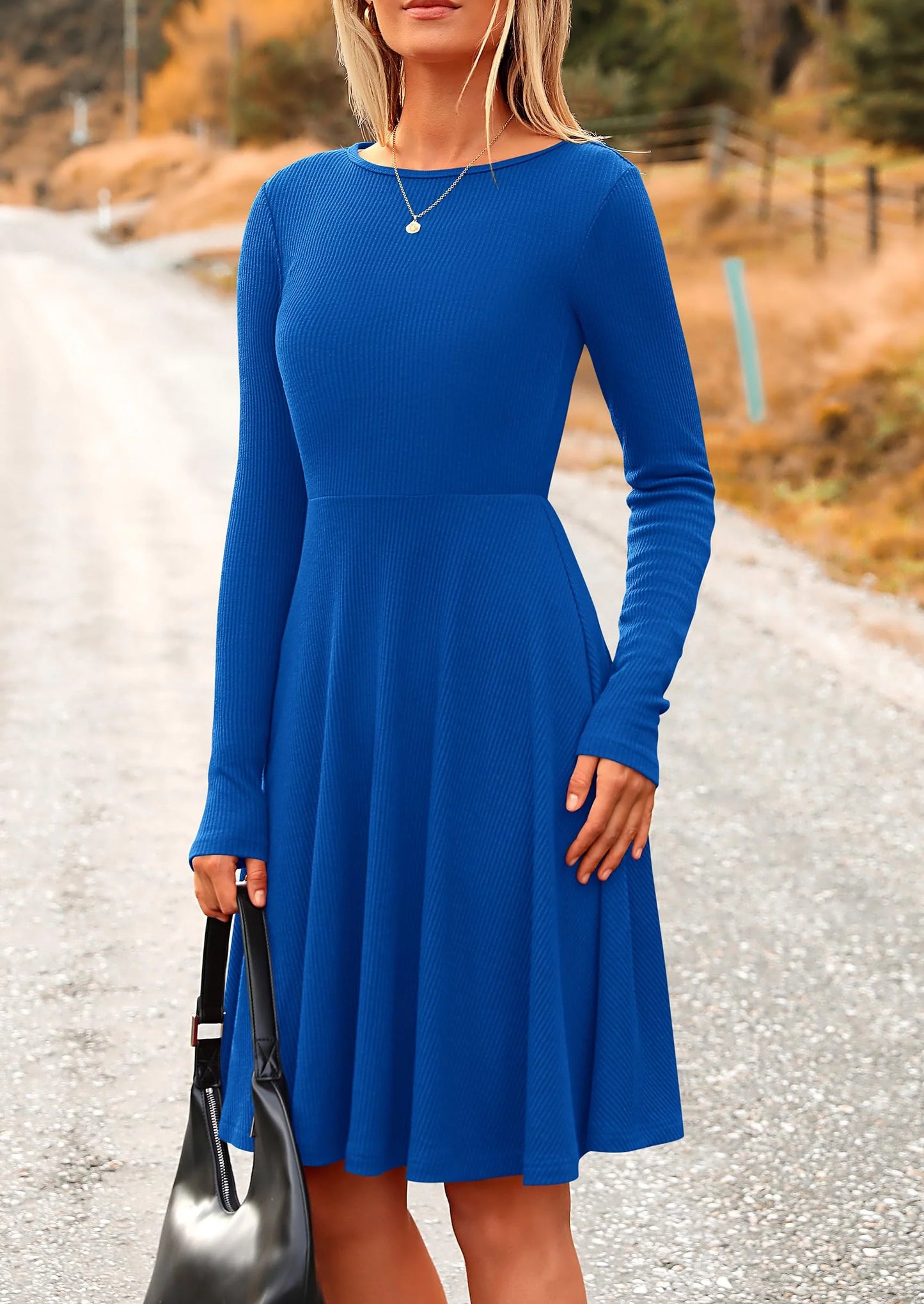 Women's Spring Fall Short Dress Ribbed Knit Crewneck Long Sleeve A Line Flowy Casual Elegant Going Out Dresses