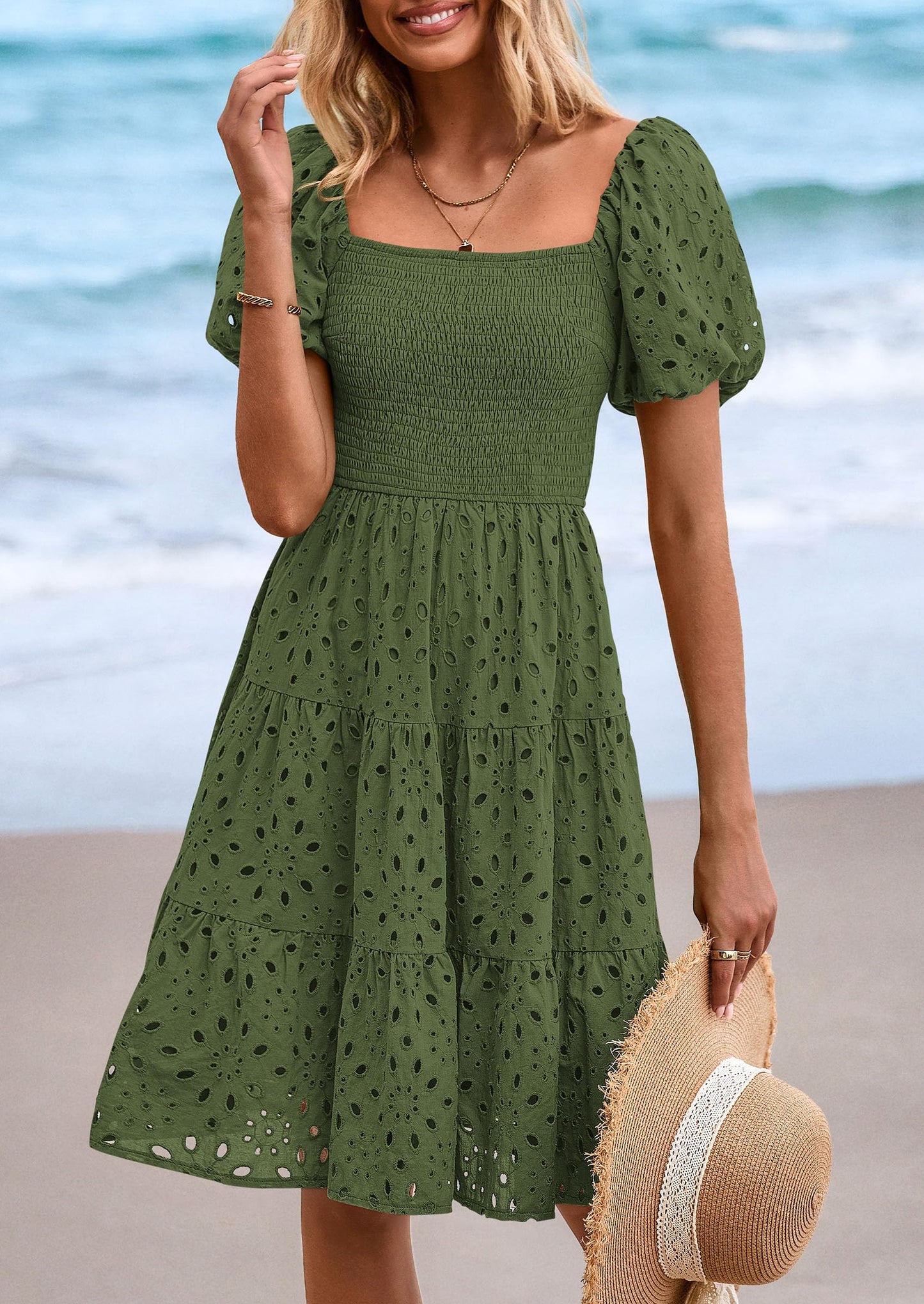 Womens Summer Puff Sleeve Mini Dress Off Shoulder Eyelet Smocked A Line Casual Babydoll Short Dresses