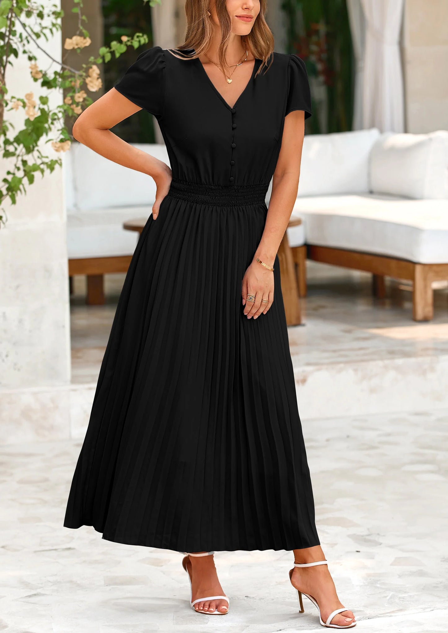 Women's Maxi Dresses Summer Trendy Cap Short Sleeve Button V Neck Casual Flowy Pleated Long Dress
