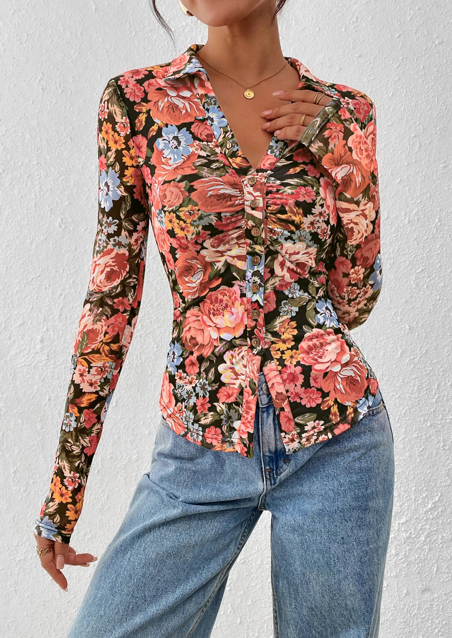 Women Button Down Floral Shirts Fall Trendy Long Sleeve V Neck Ruched Fitted Mesh Blouse Tops Date Outfits