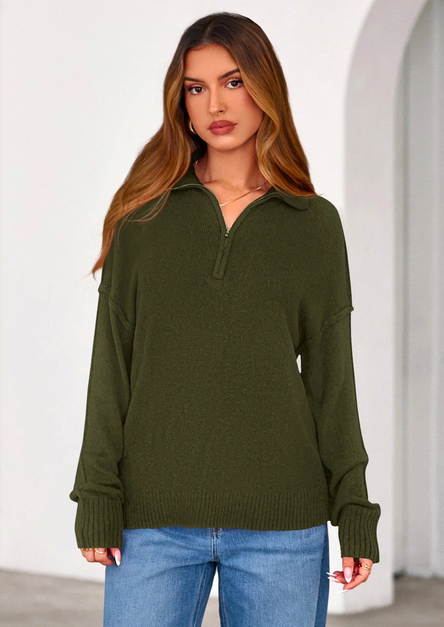 Womens Sweaters Quarter Zip Pullover Early Fall Fashion Long Sleeve V Neck Collared Knit Winter Jumper Tops