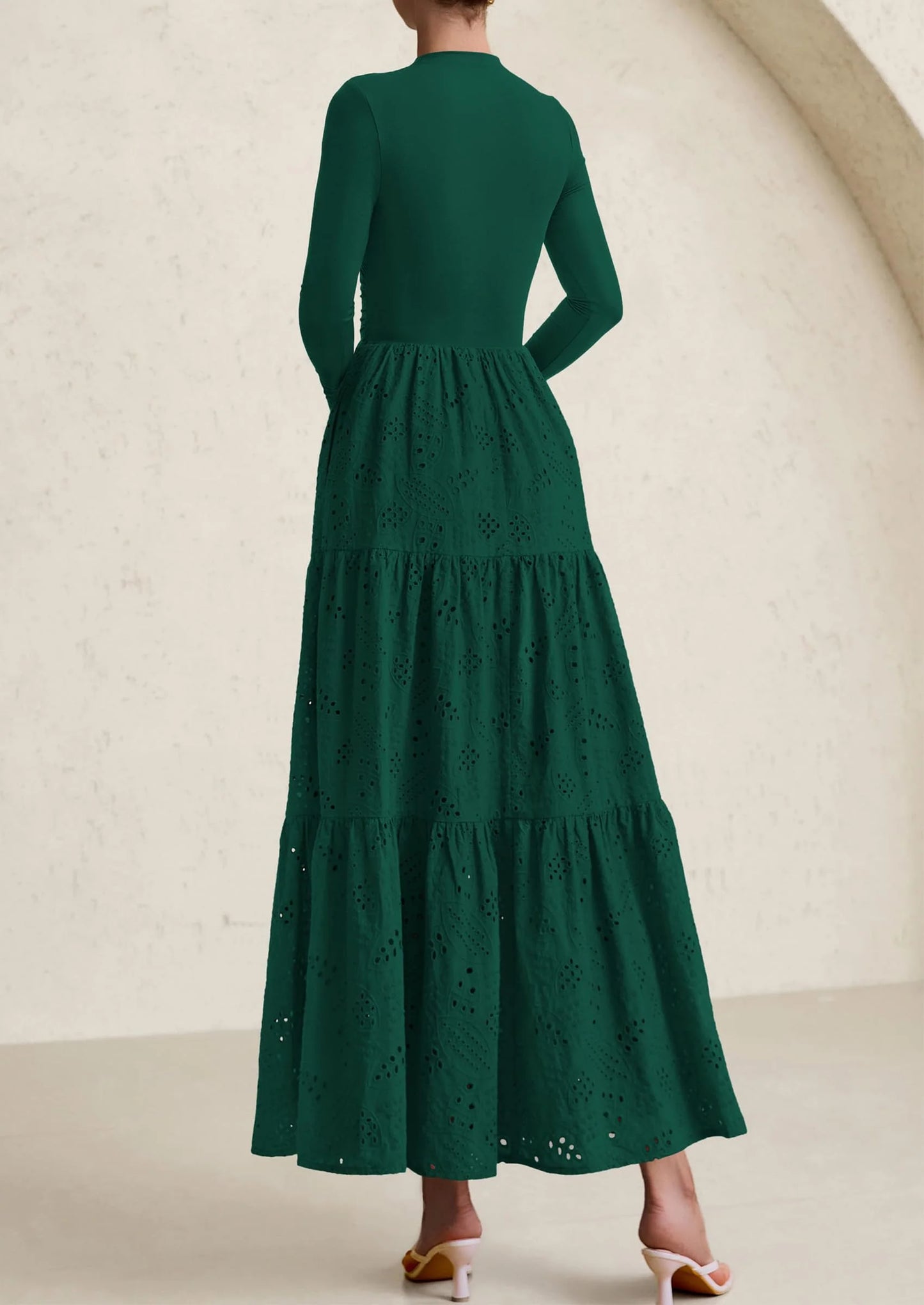 Long Sleeve Dress for Women Fall Eyelet Mock Neck A Line Elegant Classy Maxi Wedding Guest Dresses Pockets
