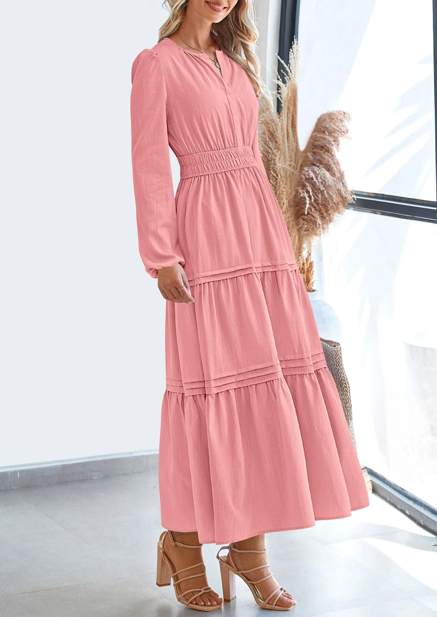 Women's Elegant Maxi Dresses Long Sleeve V Neck Flowy Pockets Casual Modest Dress Fall Fashion Clothes