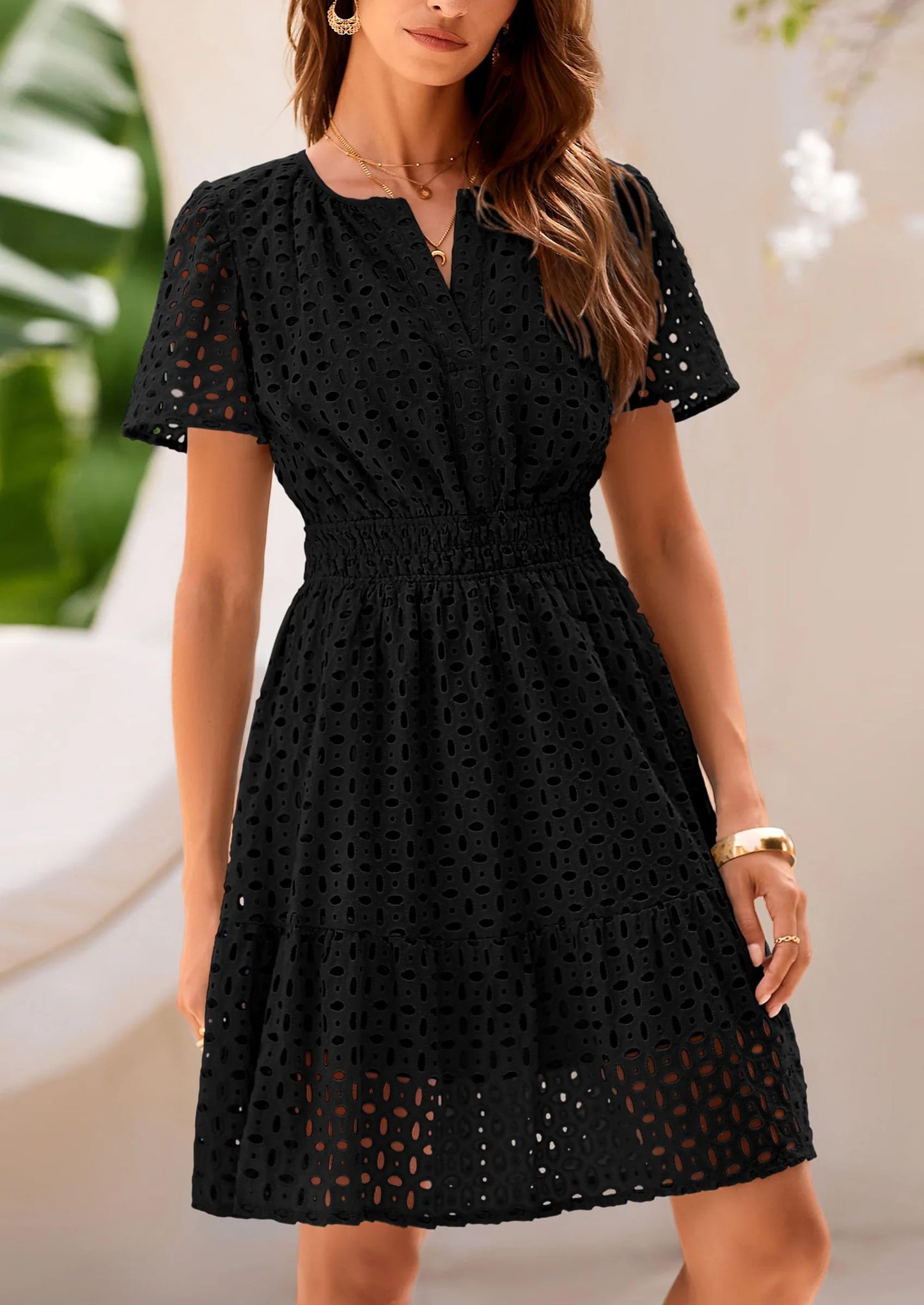 Women Summer Short Dress V Neck Short Sleeve A Line Hollow Out Lace Ruffle Cute Casual Beach Party Dresses