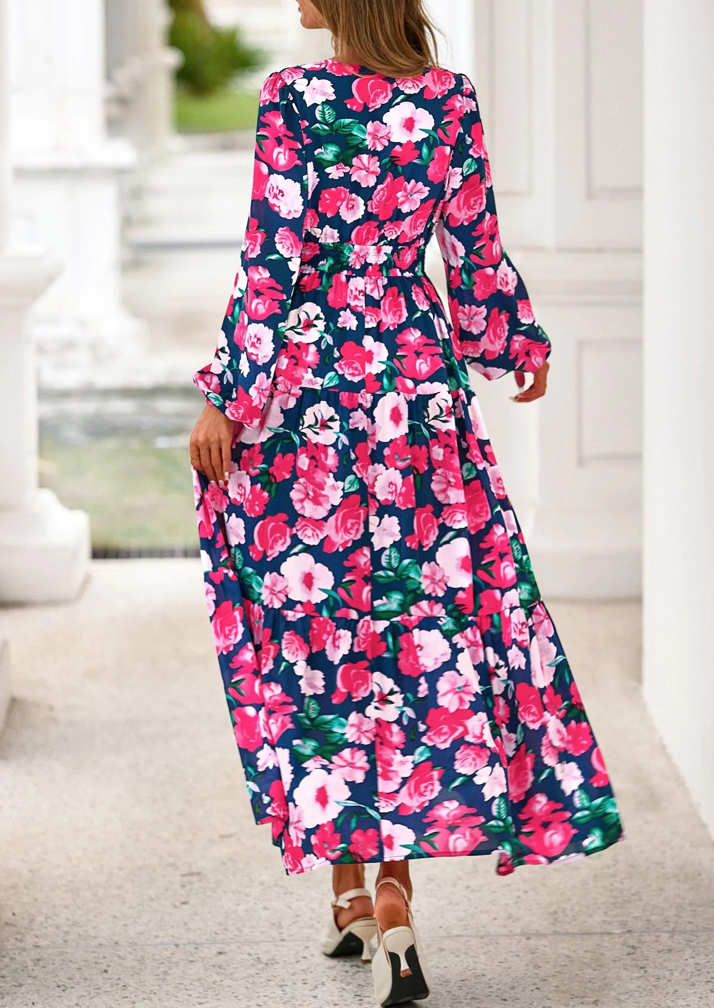 Long Sleeve Maxi Fall Dresses for Women Vneck Smocked Boho Floral Tiered Swing Flowy Wedding Guest Dress