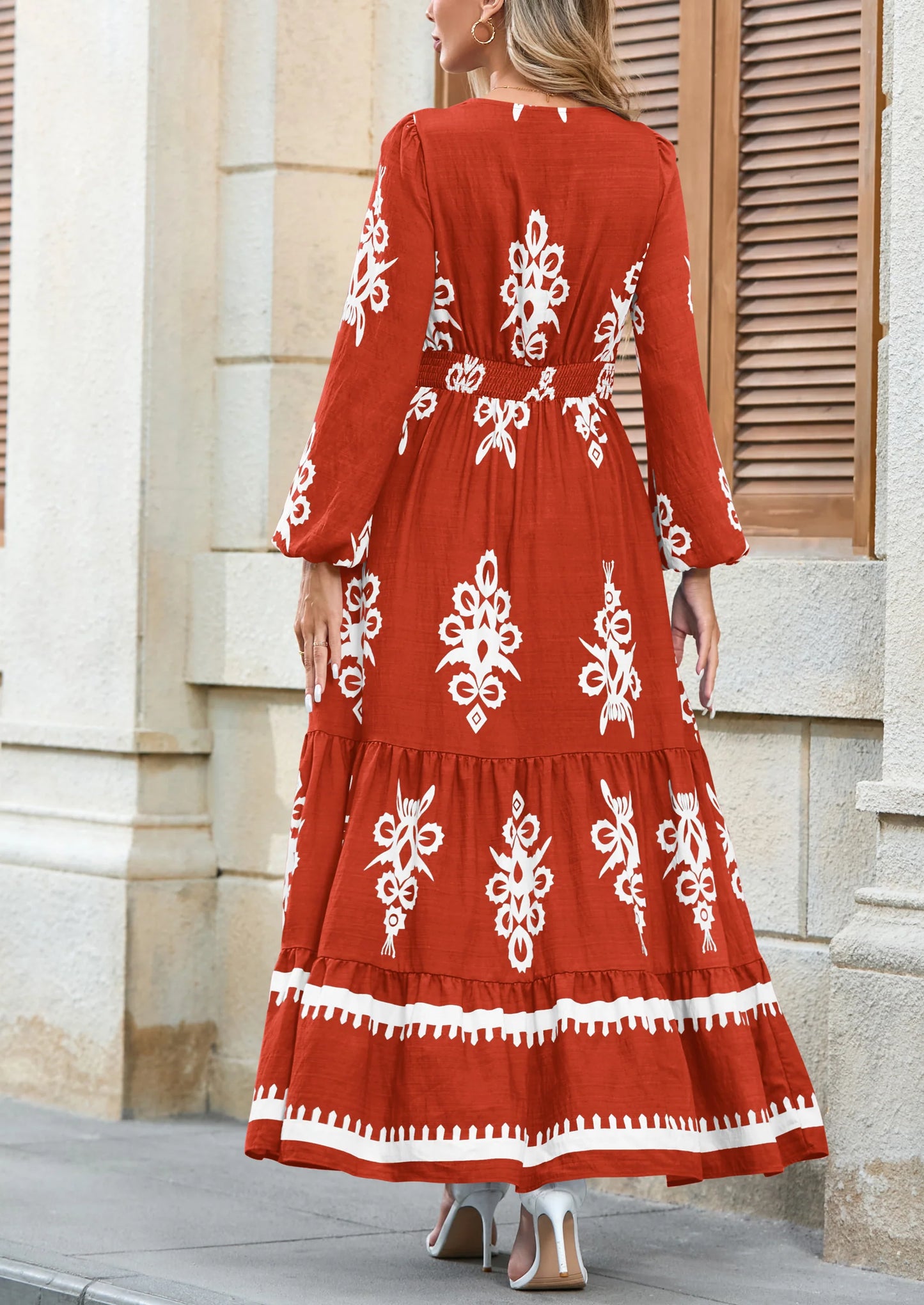 Women's Fall Wedding Guest Dresses Boho Floral Long Sleeve V Neck Flowy Elegant Maxi Dress Beach Clothes