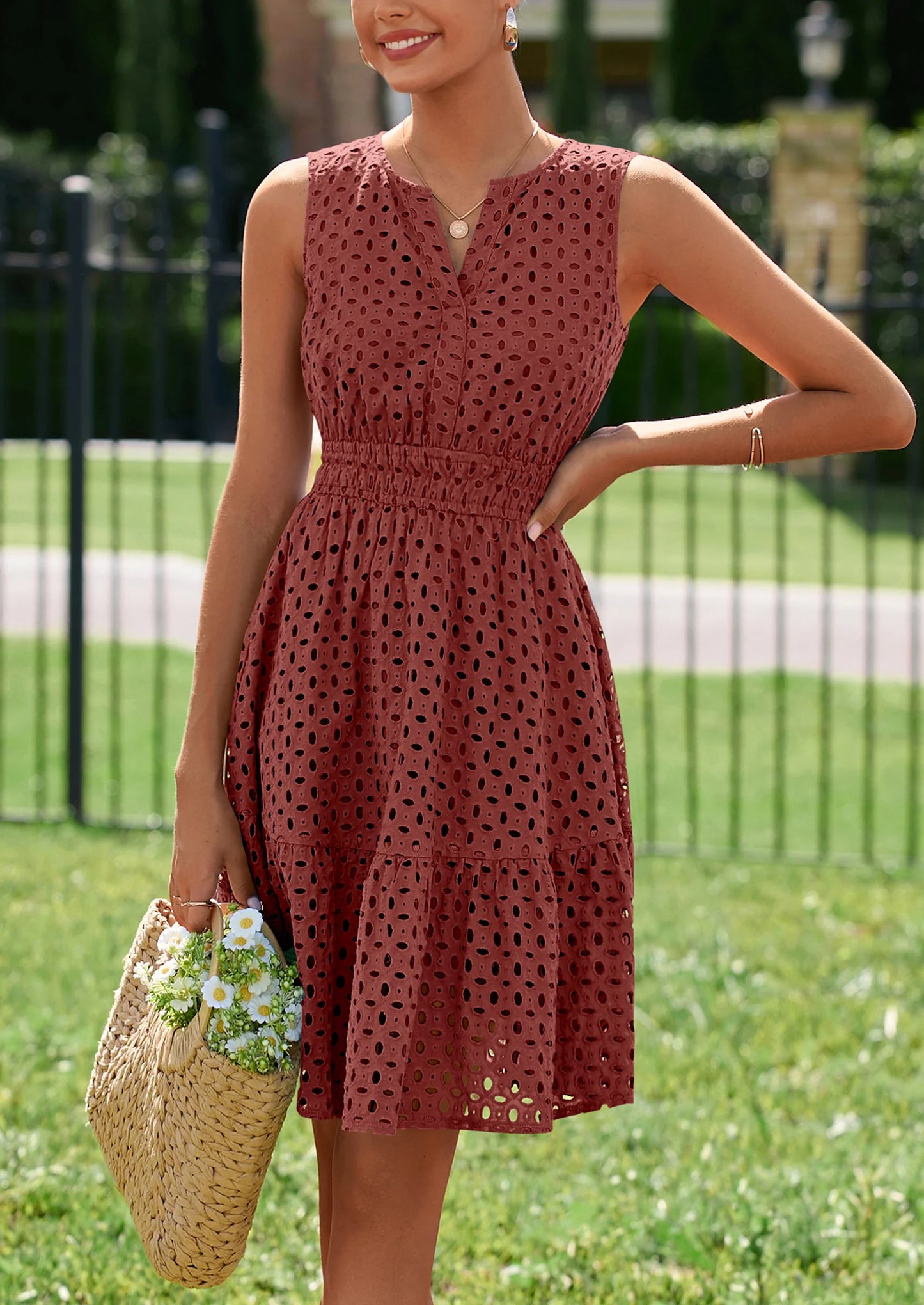 Women's Summer Dresses Sleeveless V Neck Eyelet Hollow Out Swing A Line Beach Vacation Sun Dress