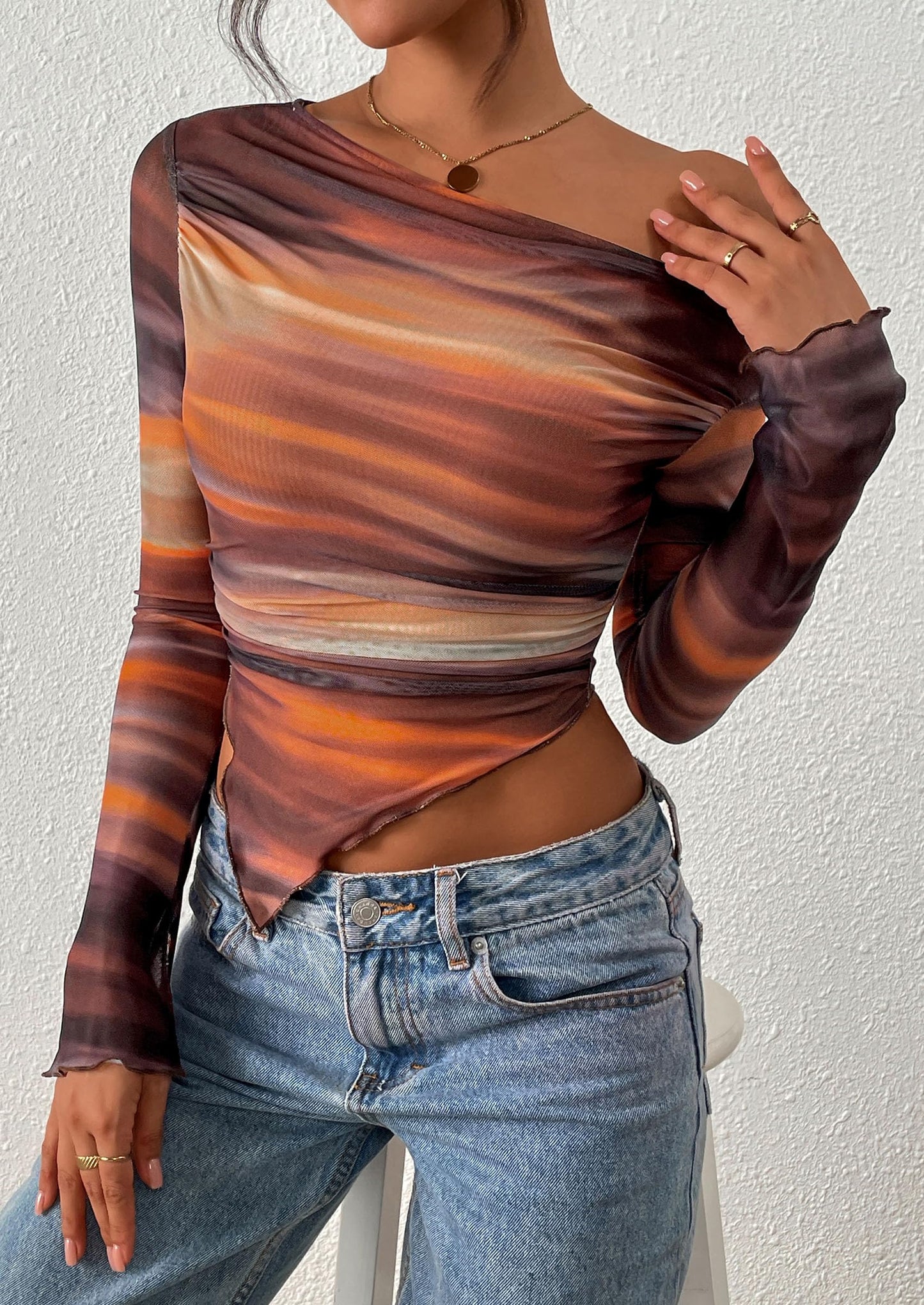 Womens Fall Trendy Off Shoulder Tops Tie Dye Mesh Long Sleeve Shirts Asymmetrical Ruched Floral Blouse